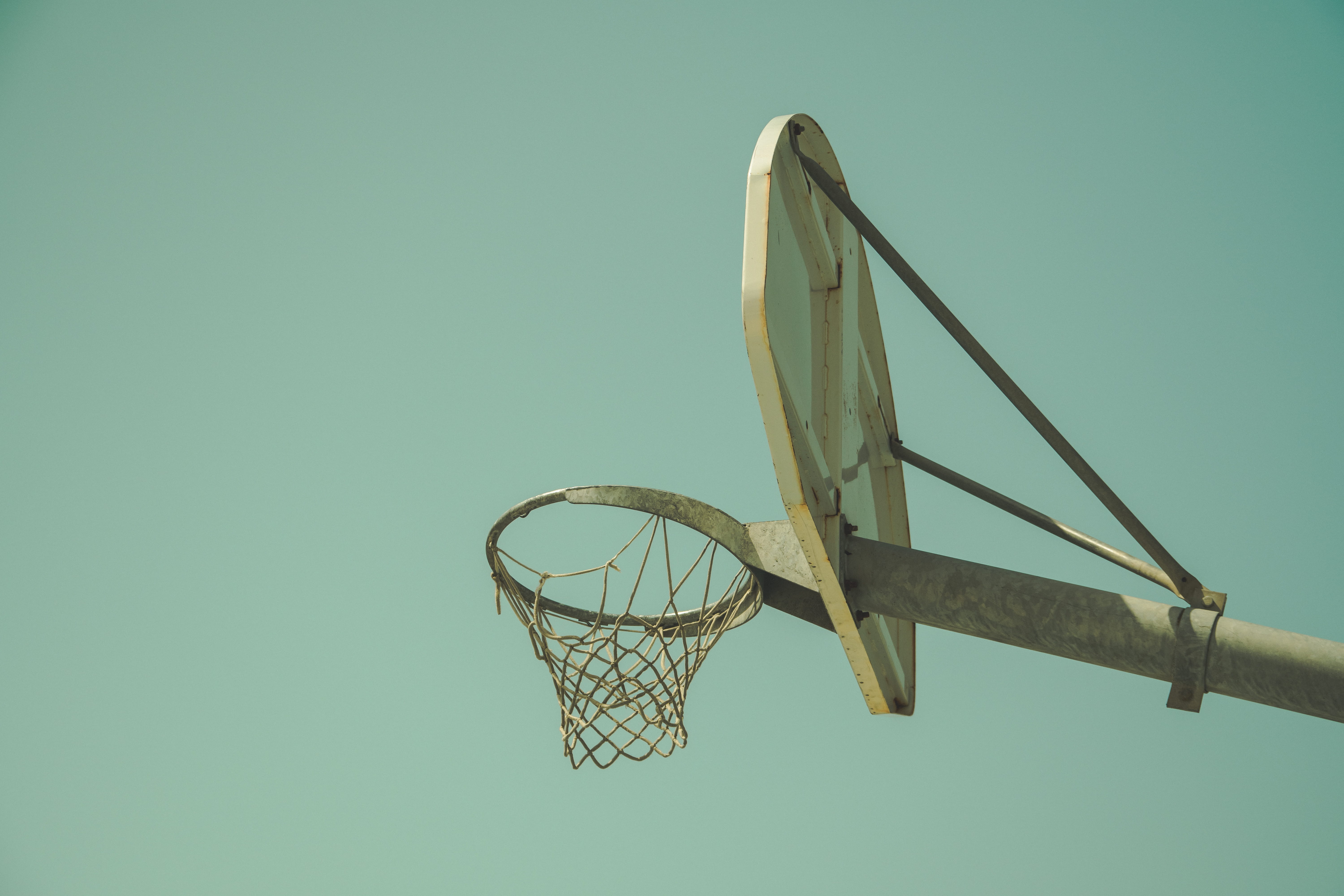 clear sky, sharp, nature, no people, net - sports equipment, blue, hoop, angled, sport, two objects, low angle view, basketball hoop, outdoors, sunny, equipment, HD Wallpaper