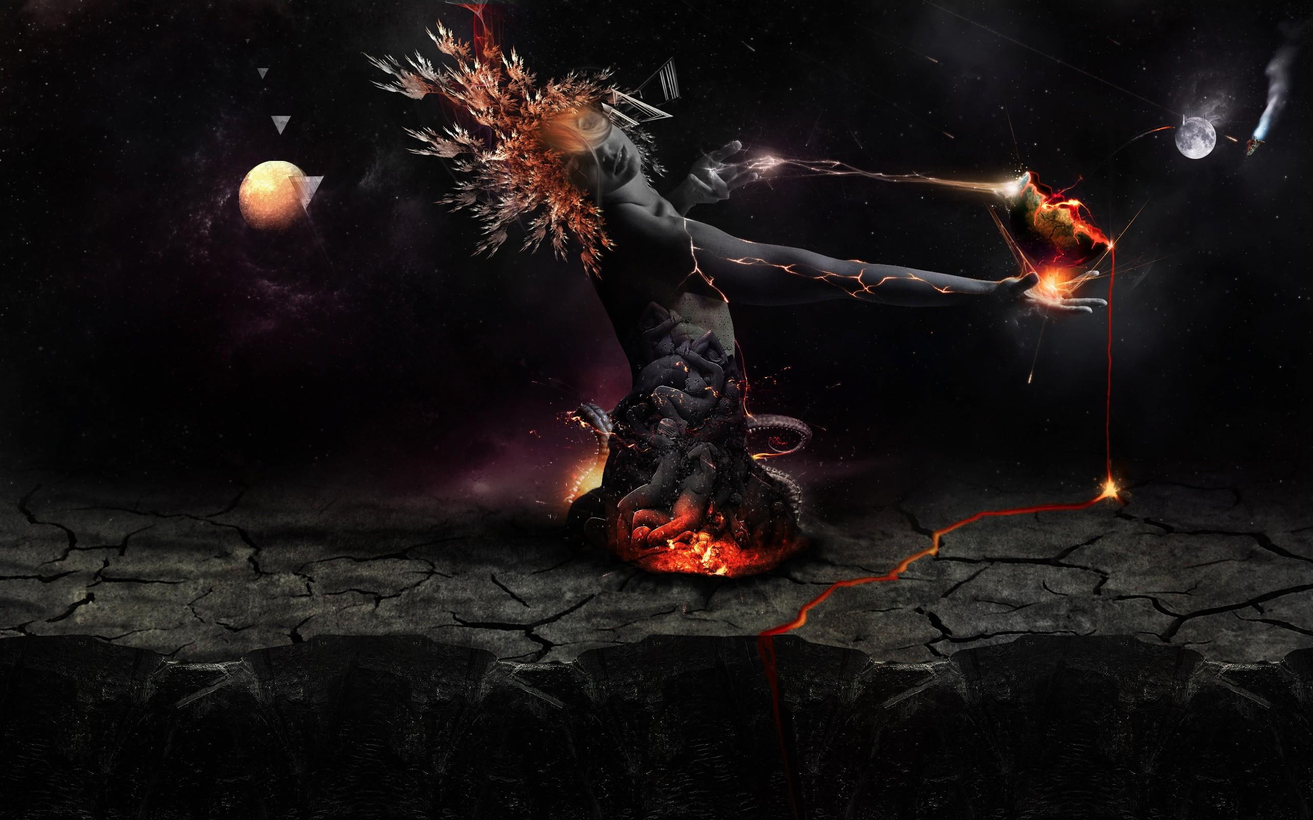 fire, woman, 2K, planet, artwork, destruction, earth, girl, fantasy, darkness, 3d and abstract, universe, HD Wallpaper
