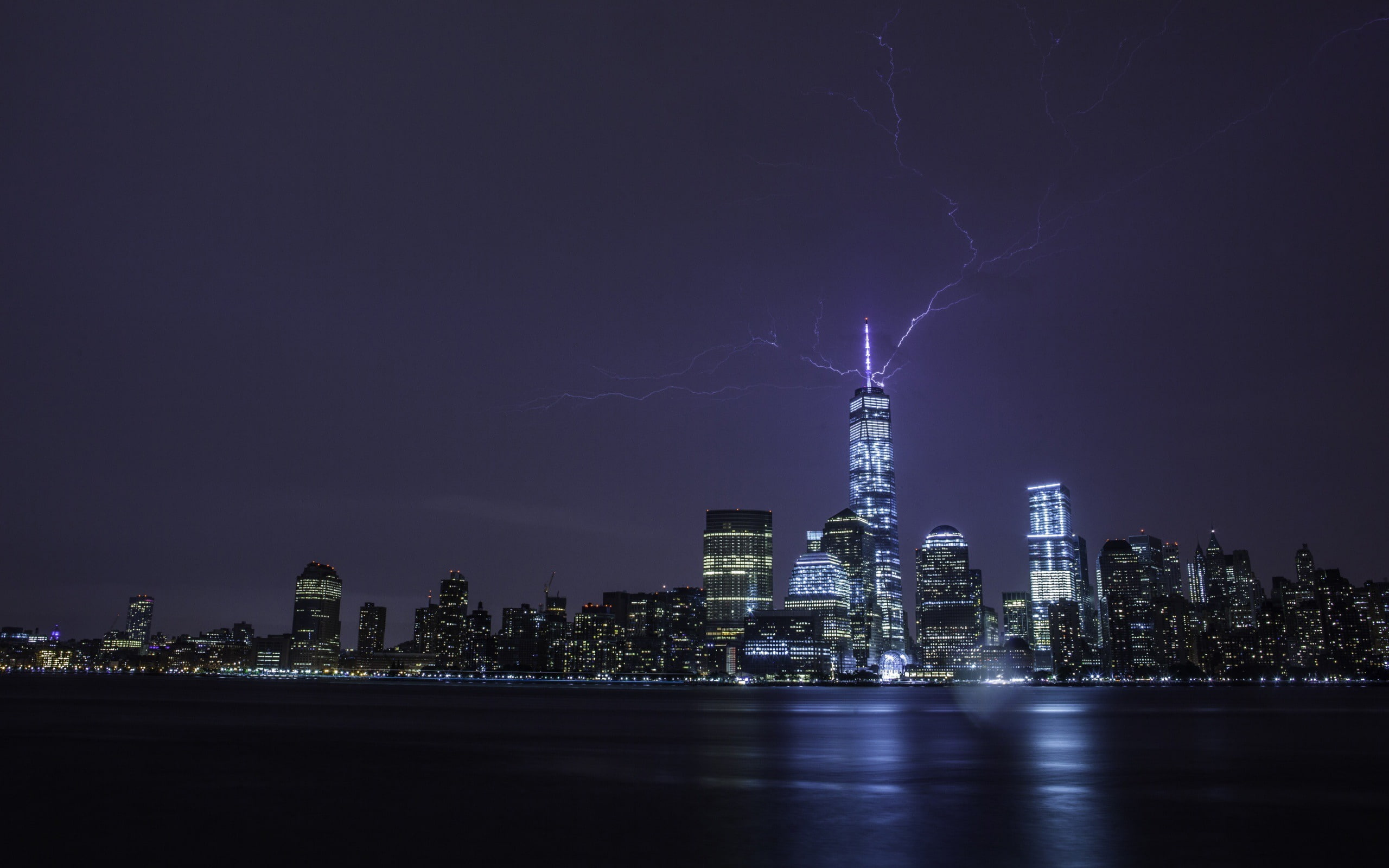 trade, office building exterior, power in nature, outdoors, purple, building exterior, lightning, 2K, no people, urban skyline, center, illuminated, waterfront, HD Wallpaper