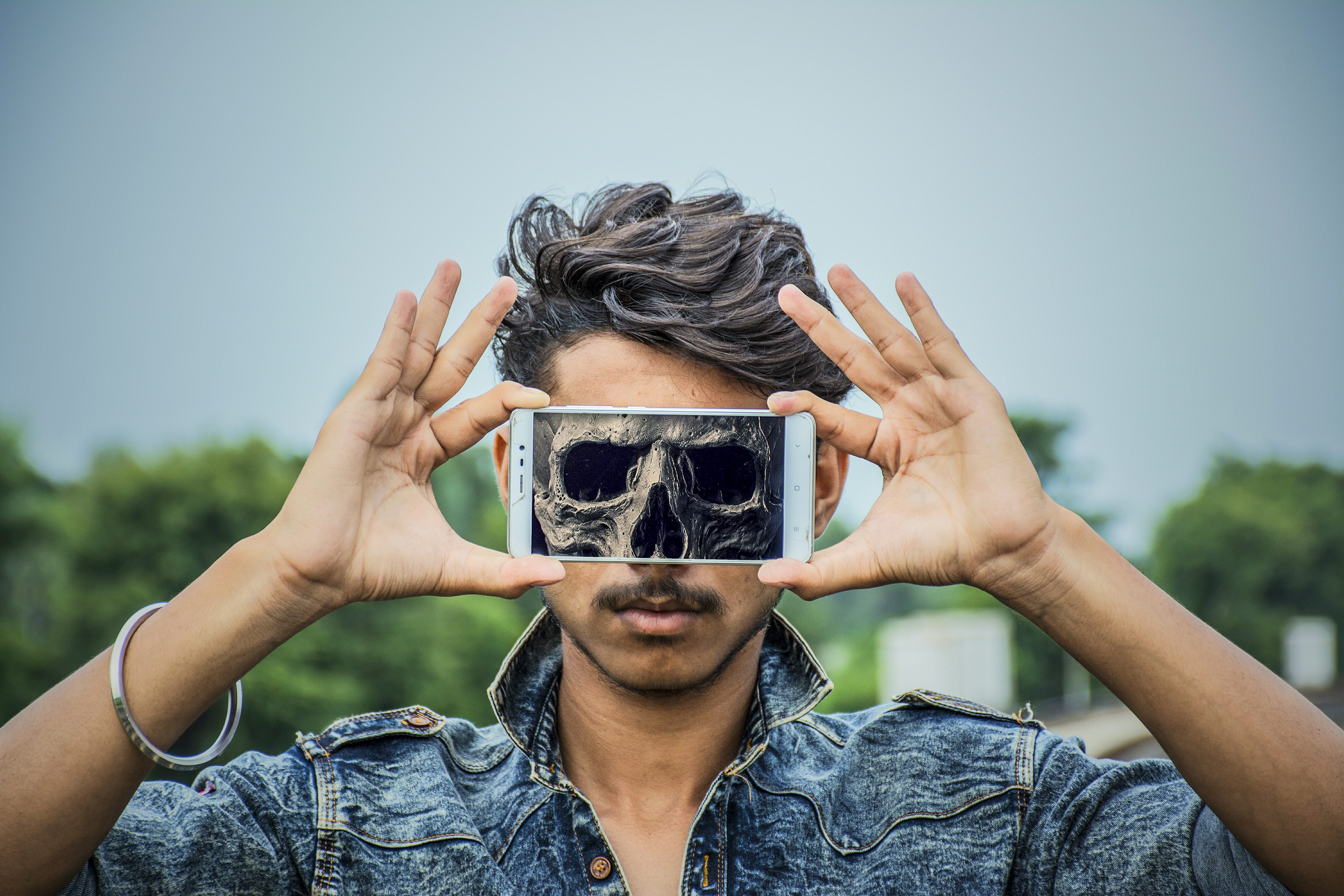 portrait, white, bizarre, hipster - person, smartphone, hairstyle, man, headshot, person, casual clothing, front view, evil, panoramic, fashion, outdoors, HD Wallpaper