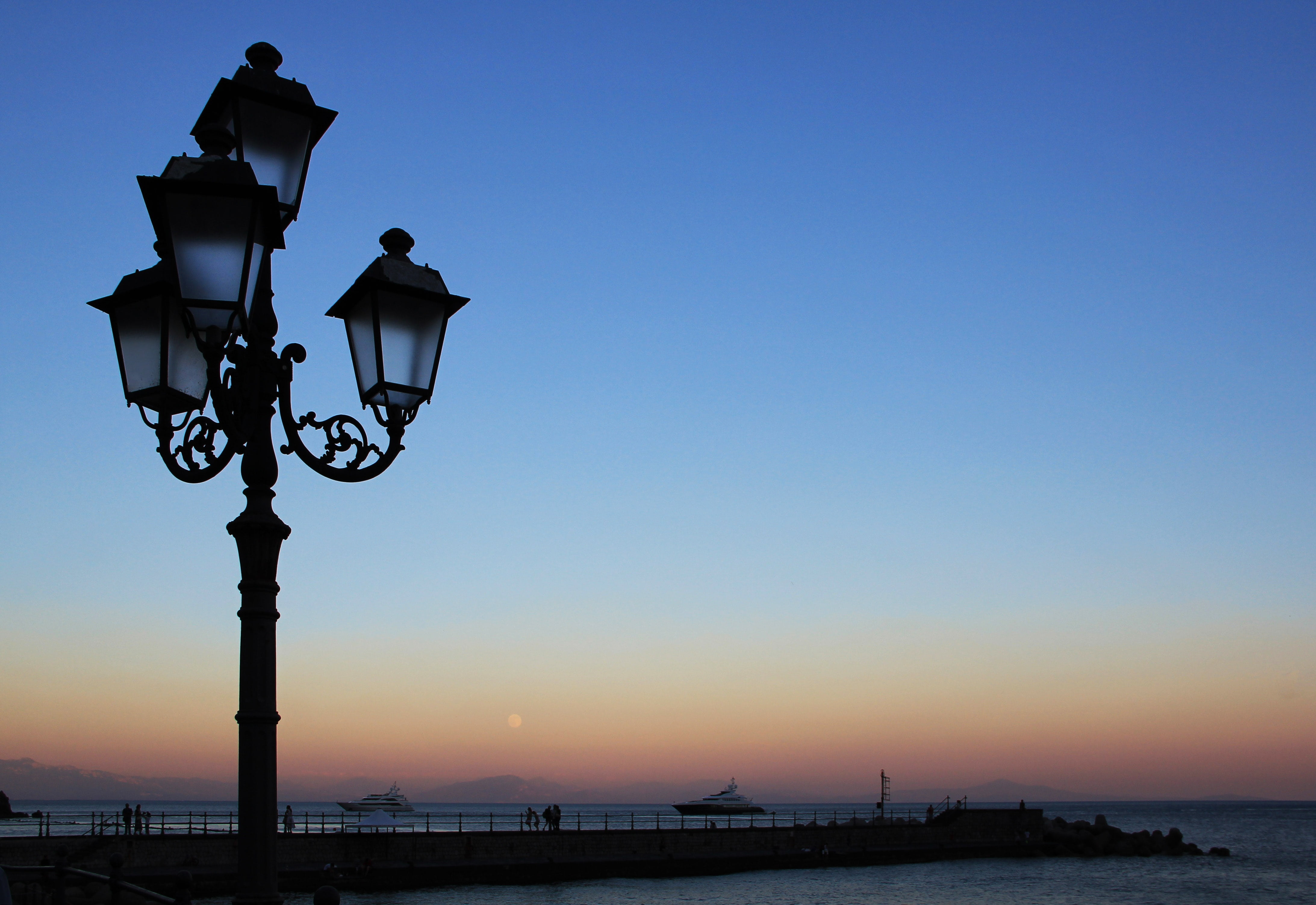 street, water, sunset, clear sky, evening, silhouette, street lamp, port, tranquility, blue, transportation, nature, abendstimmung, sea, outdoors, architecture, HD Wallpaper