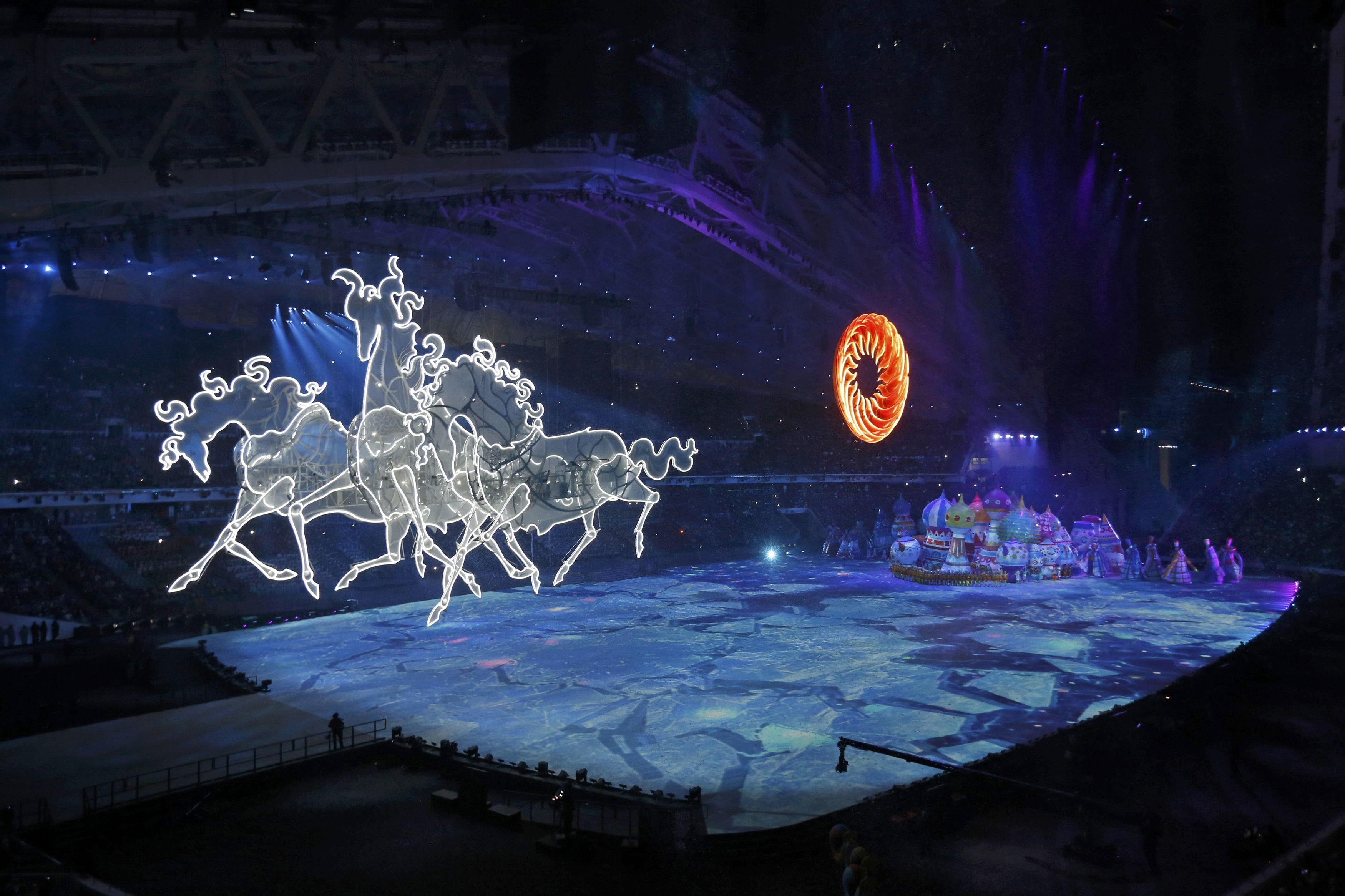 the city, The opening ceremony of the XXII Winter Olympic Games, Russian, horse, show, the scenery, Sochi 2014 olympic winter games, three, the stadium fischt, HD Wallpaper