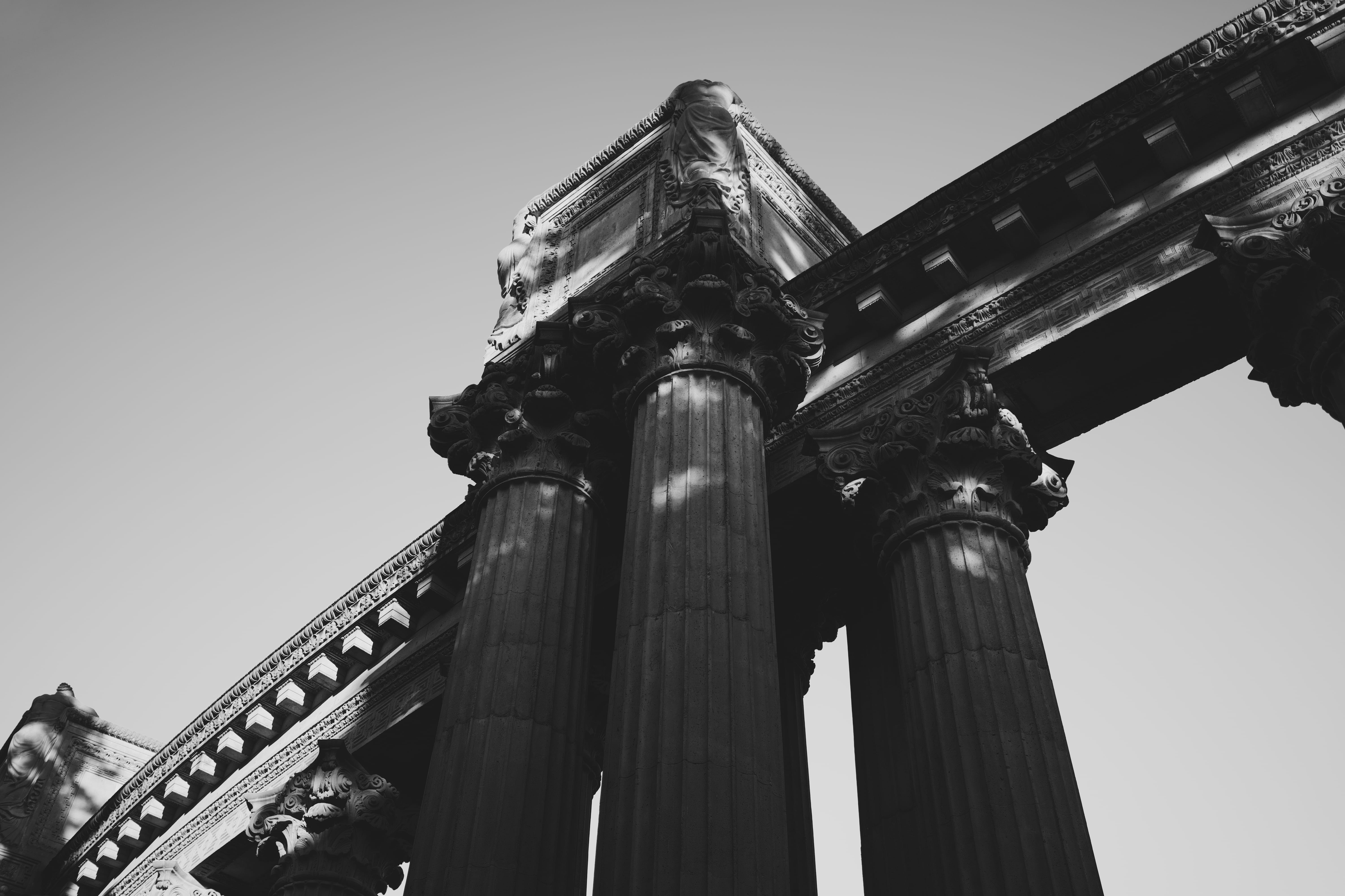 sky, architecture, archaeology, low angle view, grayscale, belief, tourism, photo, black and white, clear sky, colonnade, pedestals, steeple, HD Wallpaper