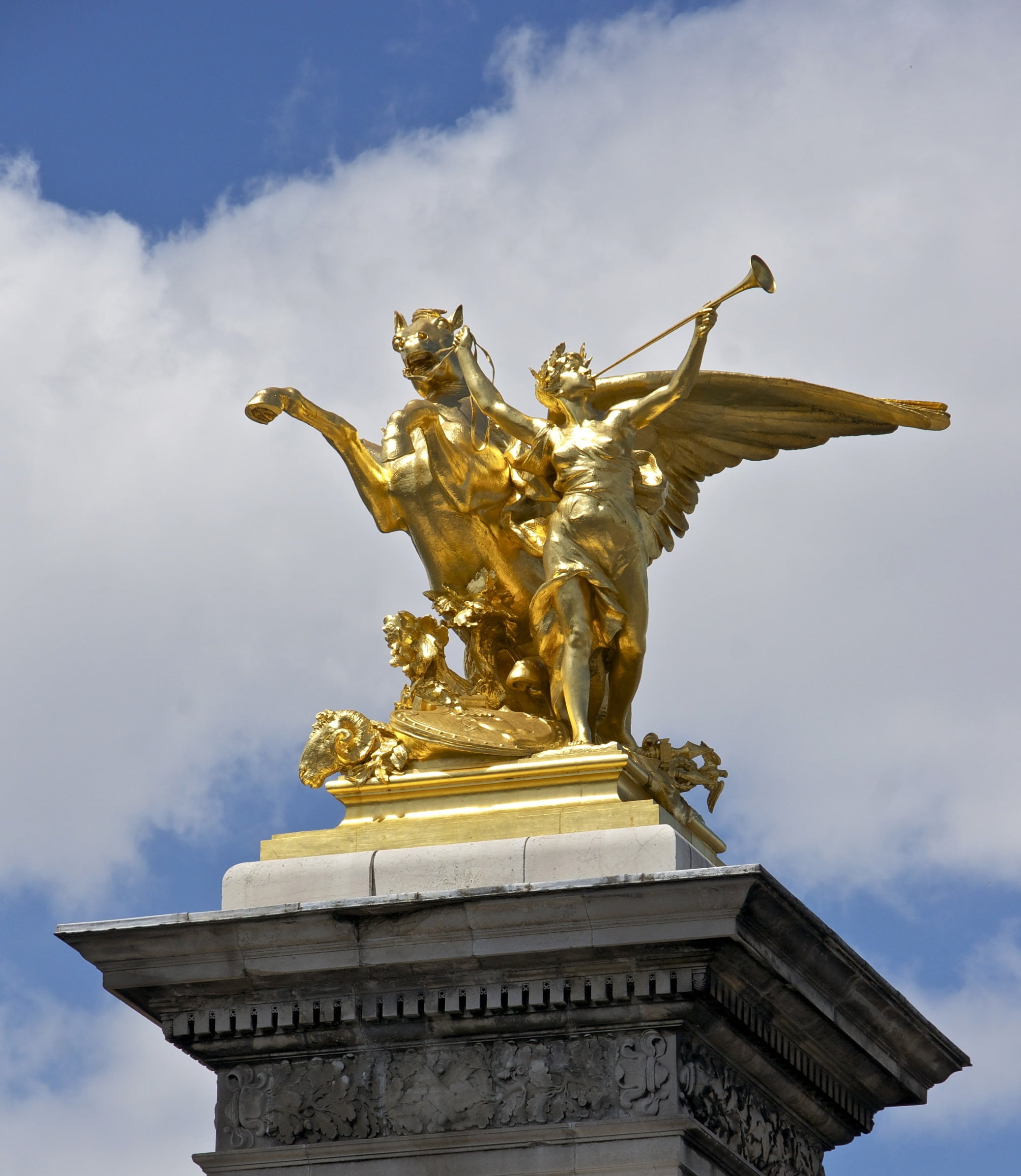 art and craft, male likeness, beautiful, outside, outdoors, sky, gold colored, cloud - sky, built structure, the past, gold, clouds, urban, statue, representation, Phone HD Wallpaper