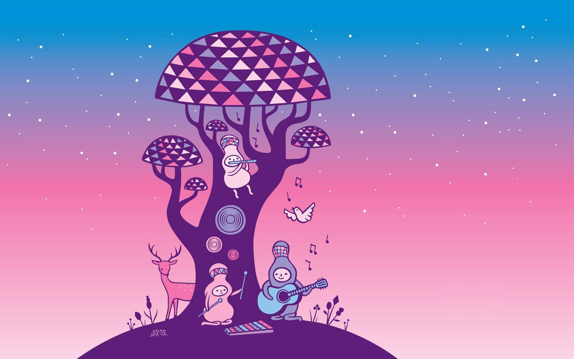 creature, creatures, tree, cartoon, character, vector, illustration, small, mushroom, 1080P, three, singing, 1920x1200, HD Wallpaper