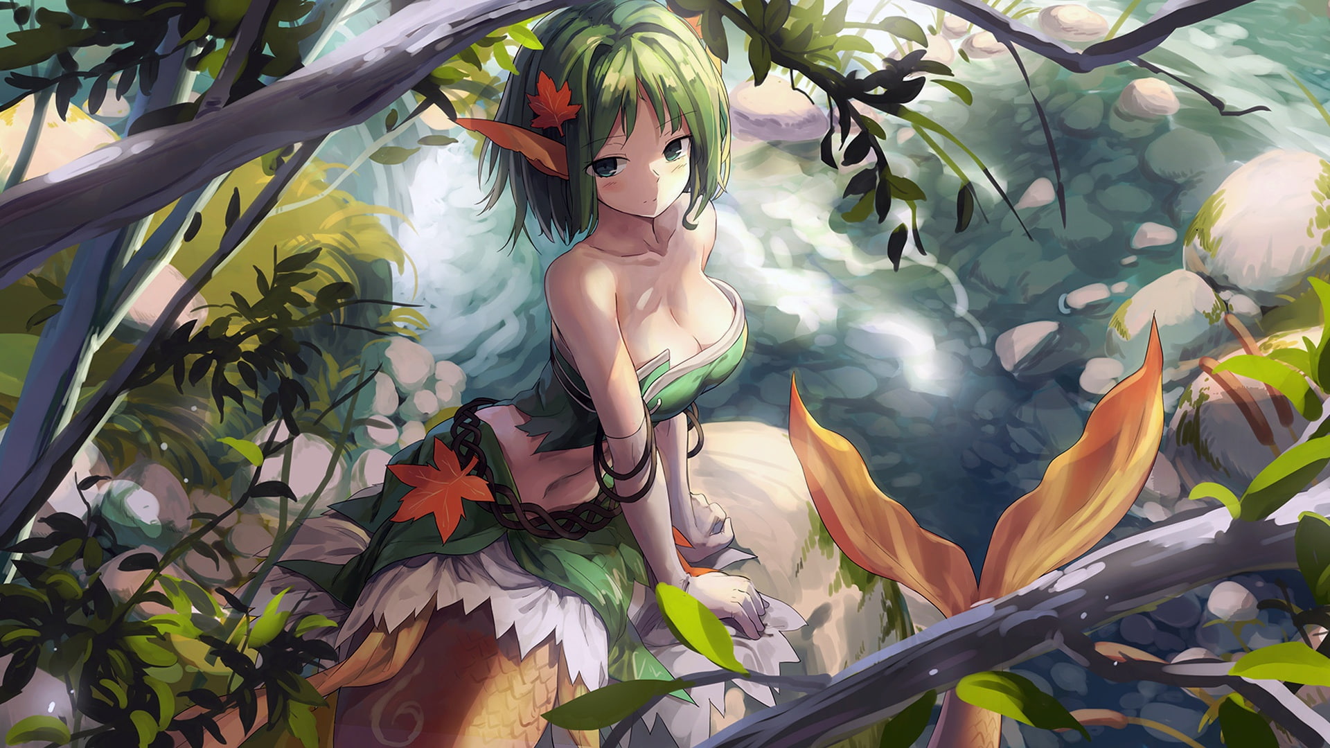 cleavage, 1080P, leaves, digital art, Mermaid, anime, green eyes, creature, trees, artwork, fantastic creature, girl, fantasy girl, stream, fantasy art, HD Wallpaper