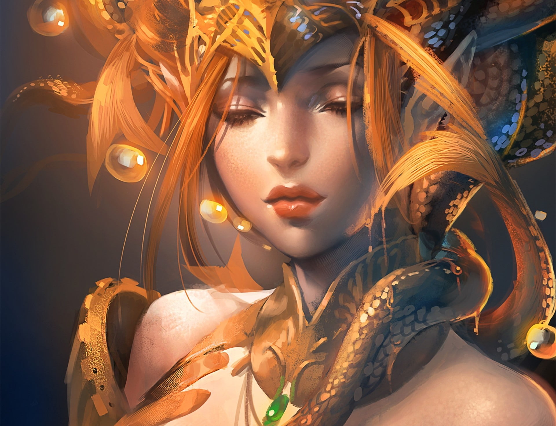 sakimichan, young women, fish, elegance, one person, adult, make-up, art, tails, gold colored, front view, art and craft, illustration, girl, character, HD Wallpaper