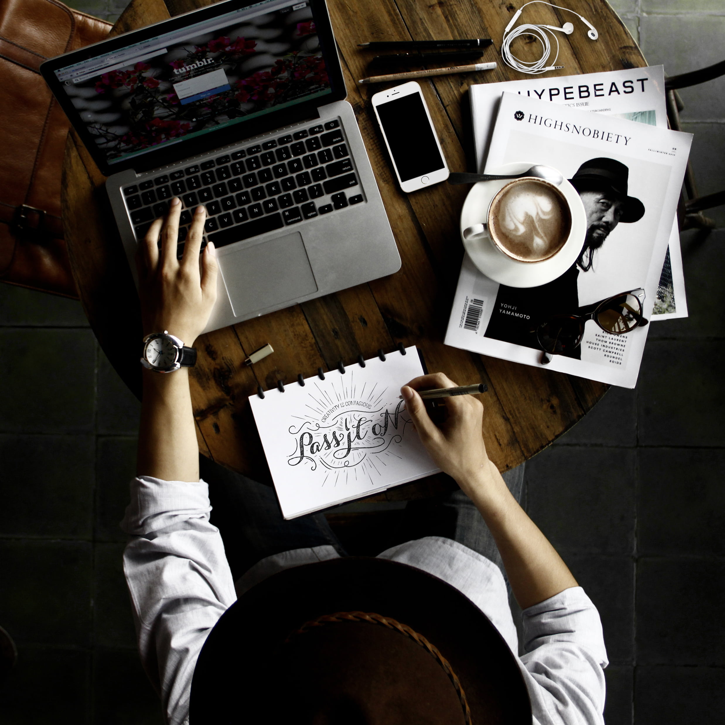 laptop, human hand, flatlay, directly above, creativity, people, indoors, calligraphy, magazines, coffee, macbook pro, tumblr, sitting, creative, publication, Phone HD Wallpaper