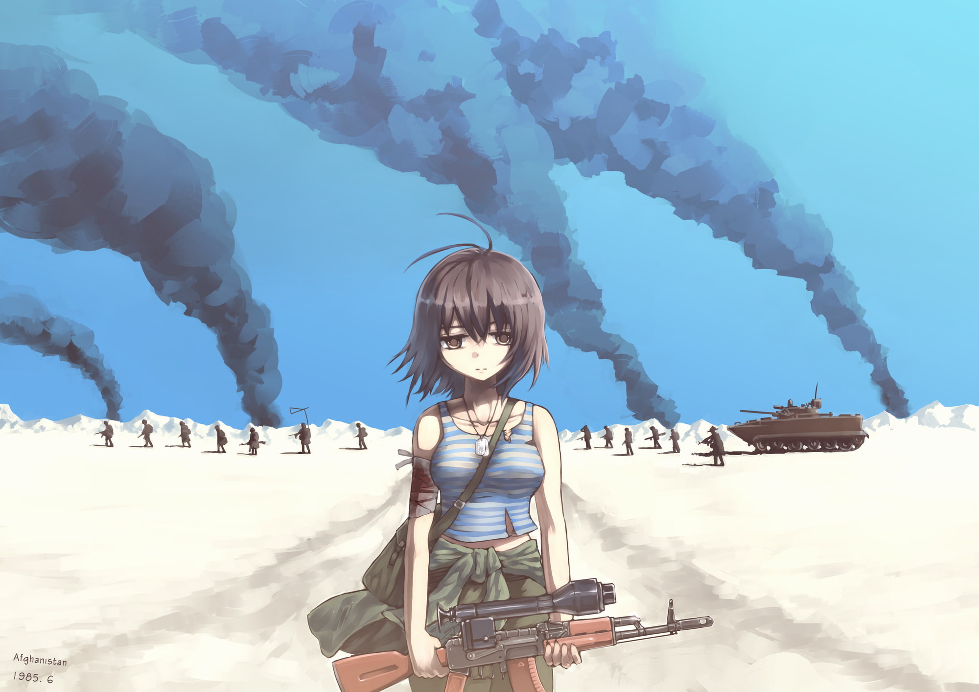 1080P, desert, gun, weapon, short, sky, brown, blood, hair, eyes, torn, clothes, bandage, original, miharuu, aoki, HD Wallpaper