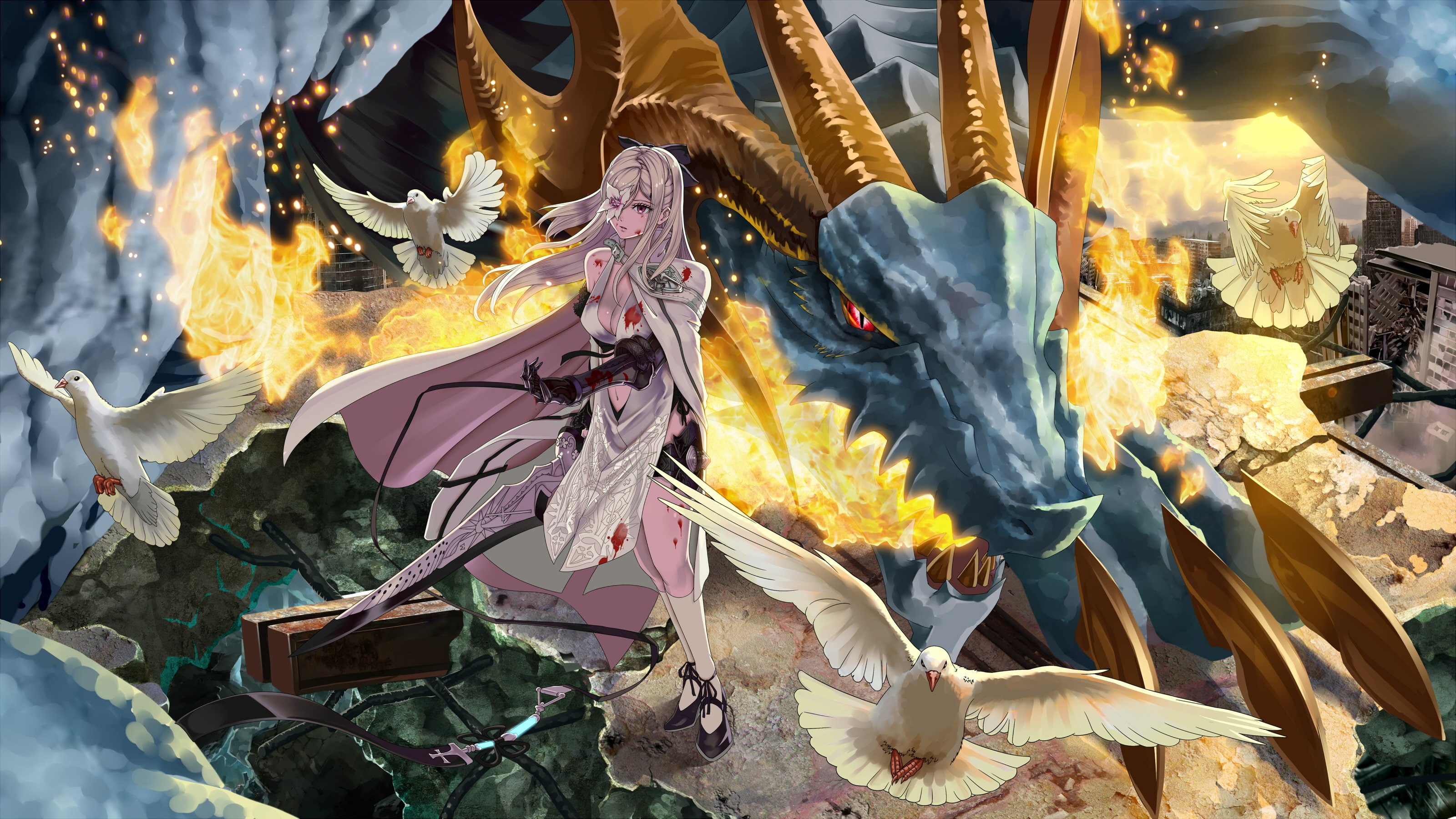 dragoon, drag, 2K, dragon, purple, blood, white, cape, online, cleavage, kneehighs, usui, bird, long, eyes, weapon, hair, drakengard, fighting, action, HD Wallpaper