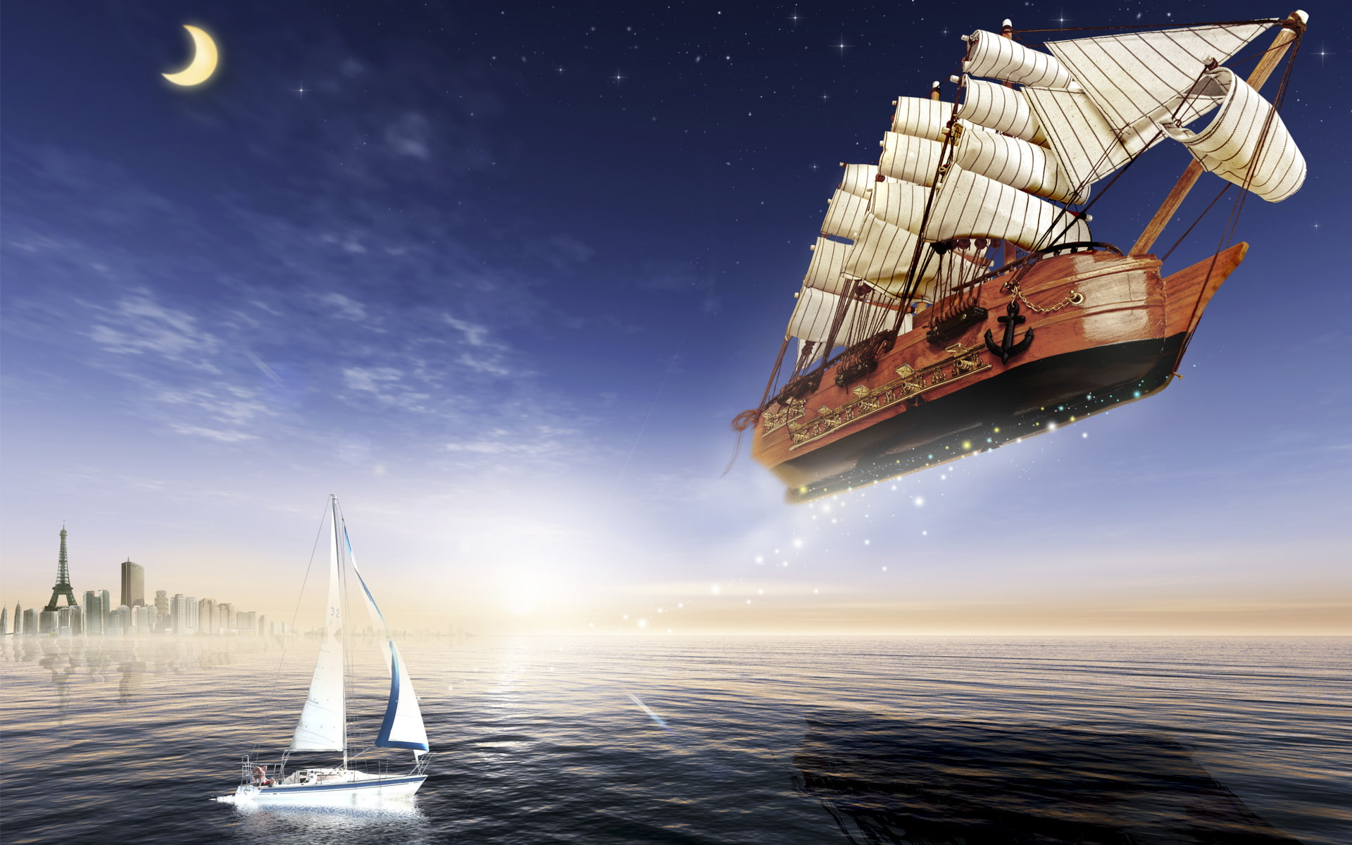 mode of transportation, nautical vessel, yacht, moored, sea, digital composite, waterfront, ship, sailing, sunset, Volatile, illustration, sky, cloud - sky, HD Wallpaper