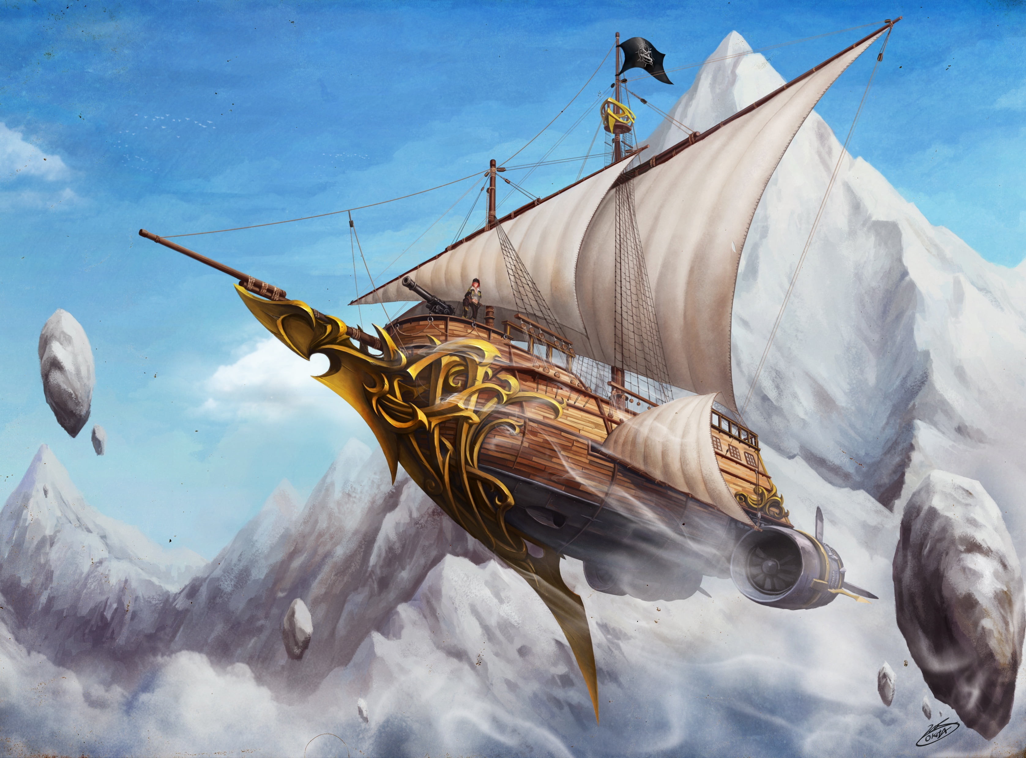 sky, sea, no people, transportation, snow, stones, textile, wind, outdoors, illustration, rope, sunlight, adventure, air, mountain, sailboat, travel, white, HD Wallpaper