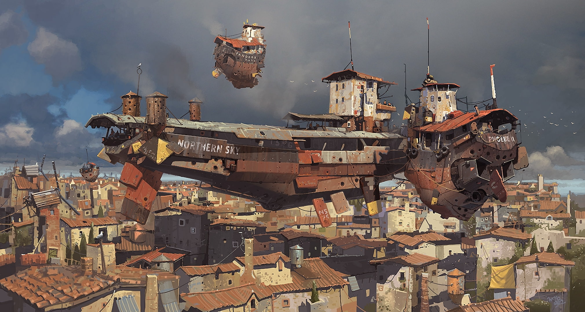 clouds, high angle view, ships, mode of transportation, cloud - sky, aircraft, old, in the sky, volatile, no people, nature, building exterior, residential district, HD Wallpaper