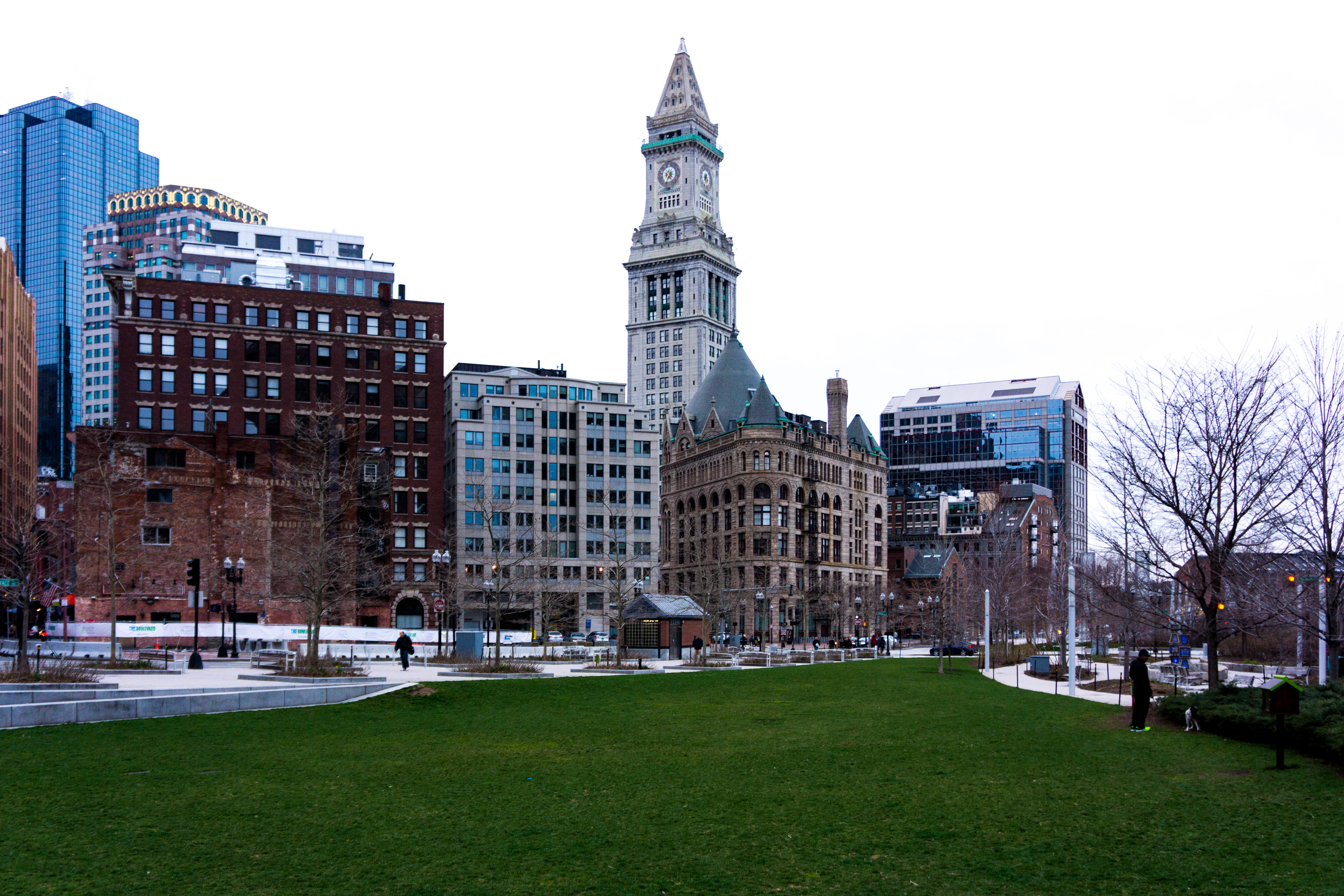 spire, built structure, city, tall - high, christopher columbus waterfront park, park, plant, boston, building exterior, skyscraper, clear sky, tree, building, HD Wallpaper