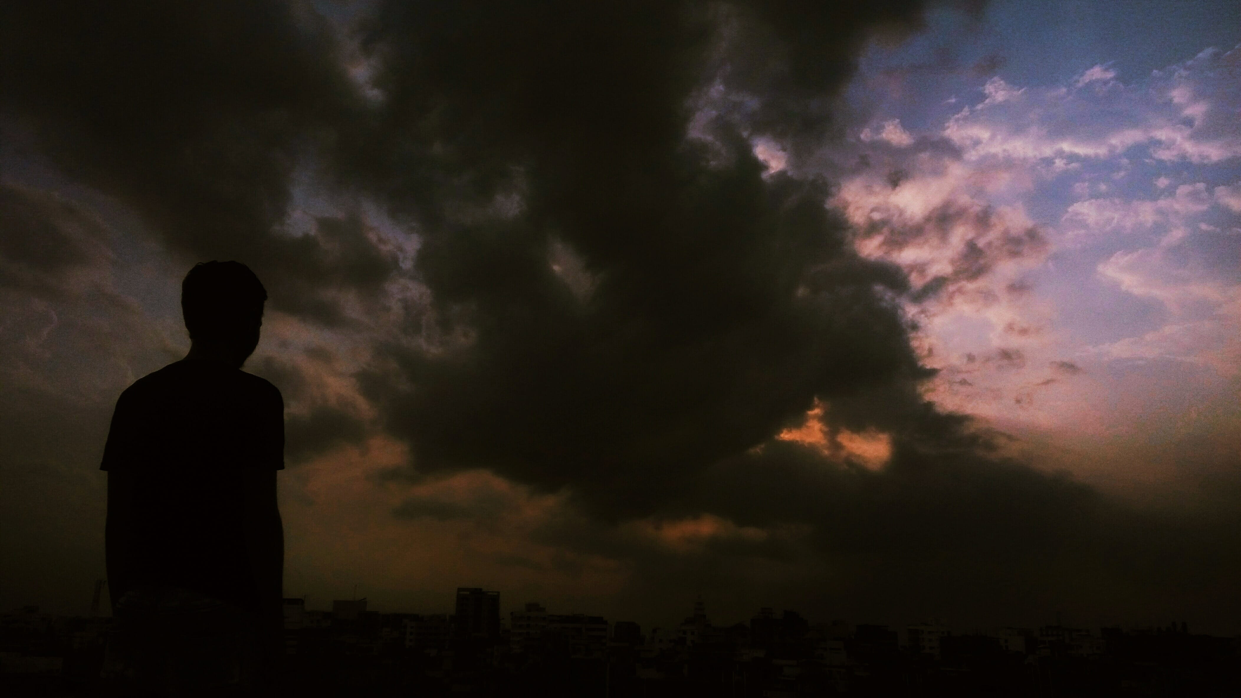 ominous, dramatic sky, sky, looking at view, metropolis, light, city, cloud, rear view, dawn, built structure, nature, outdoors, storm, one person, dark, HD Wallpaper
