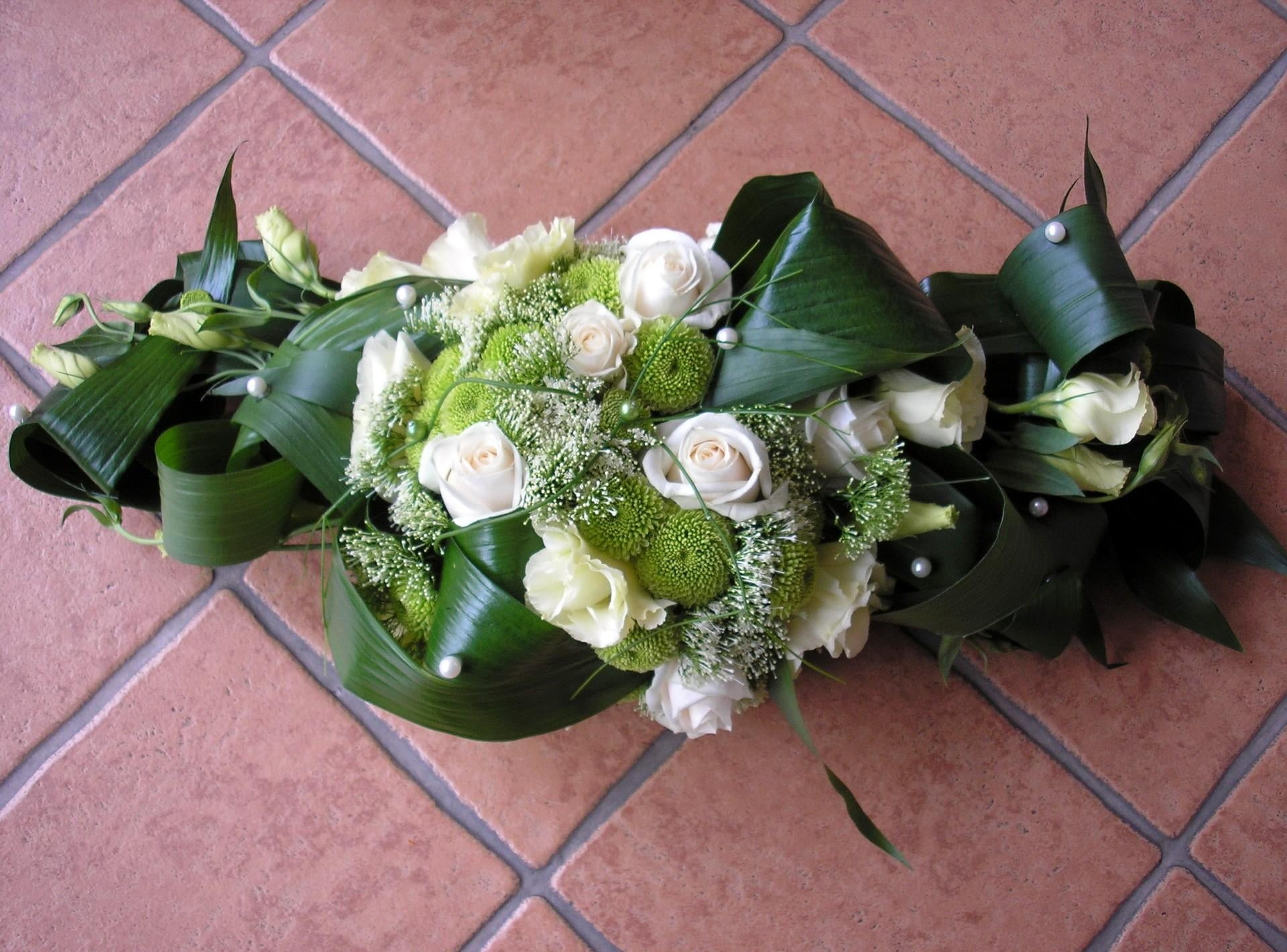 composition, white, roses, green color, flower, tiled floor, lisianthus russell, flower head, high angle view, directly above, close-up, freshness, beauty in nature, HD Wallpaper