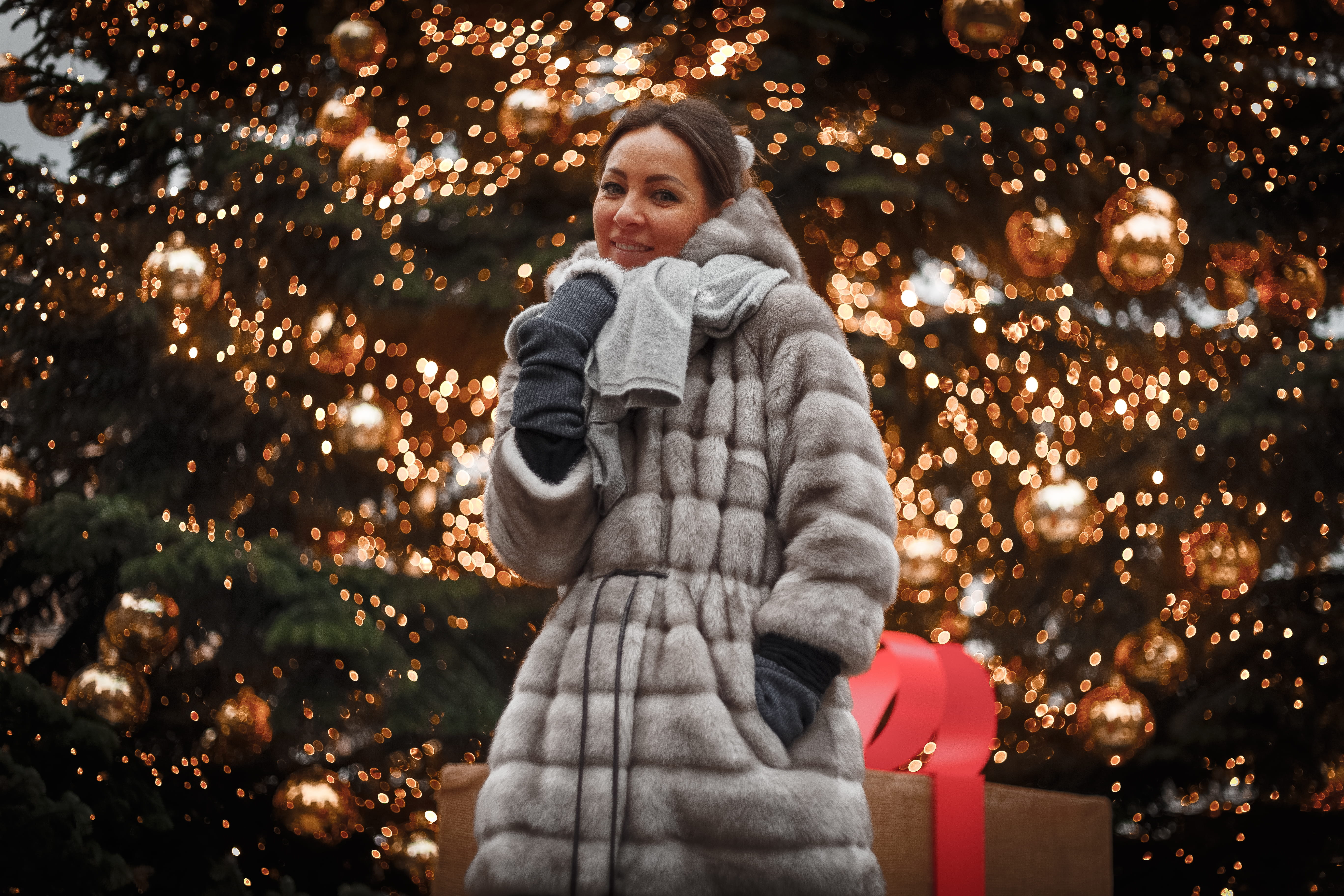 grey, women, young women, portrait, fashionable, tree, 5K, coat, cold temperature, celebration, illuminated, one person, young adult, holiday, standing, HD Wallpaper