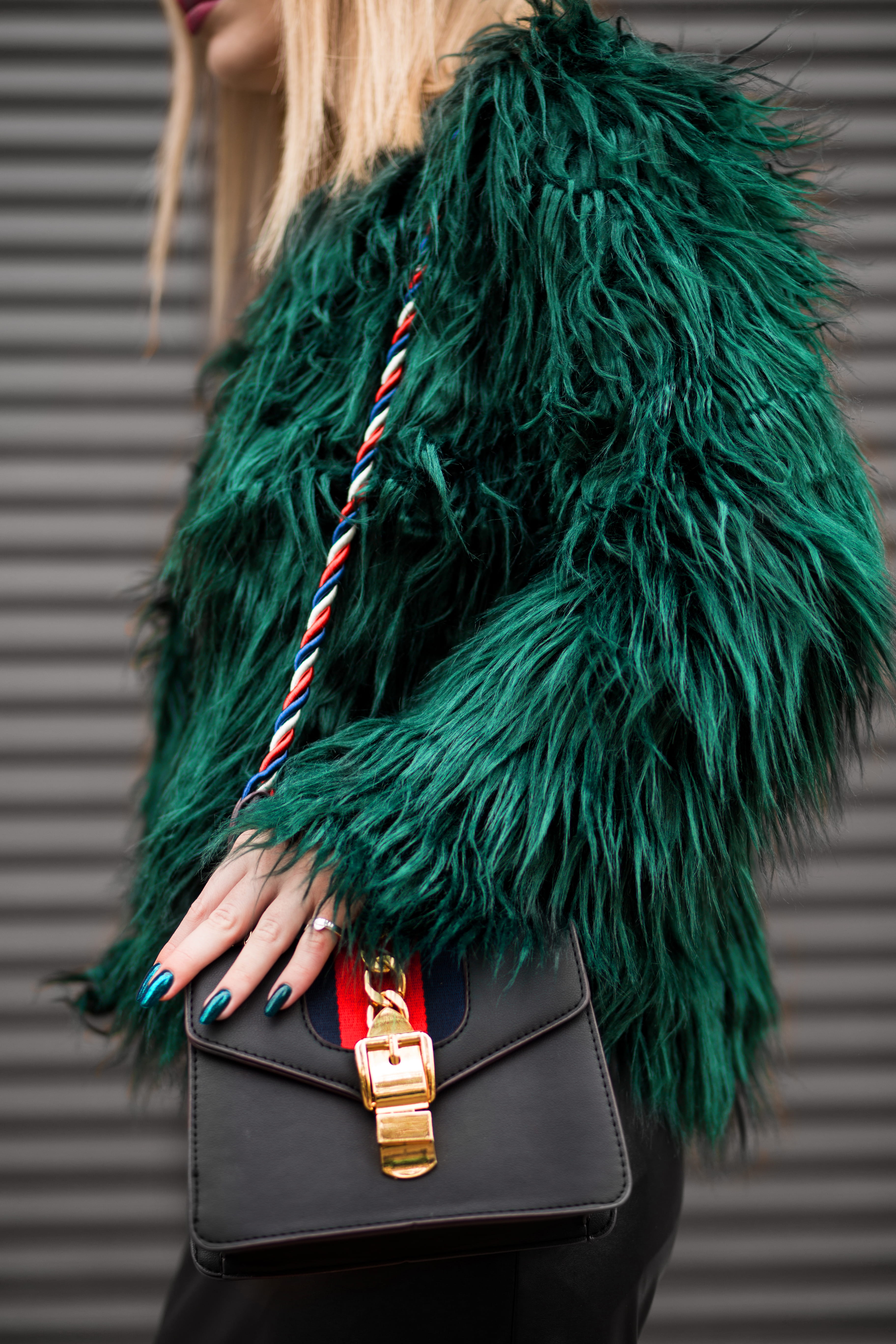 photoshoot, fur, faux fur, outdoors, woman, young, model, one person, 5K, green color, girl, wearing, standing, street, human hair, clothing, real people, Phone HD Wallpaper