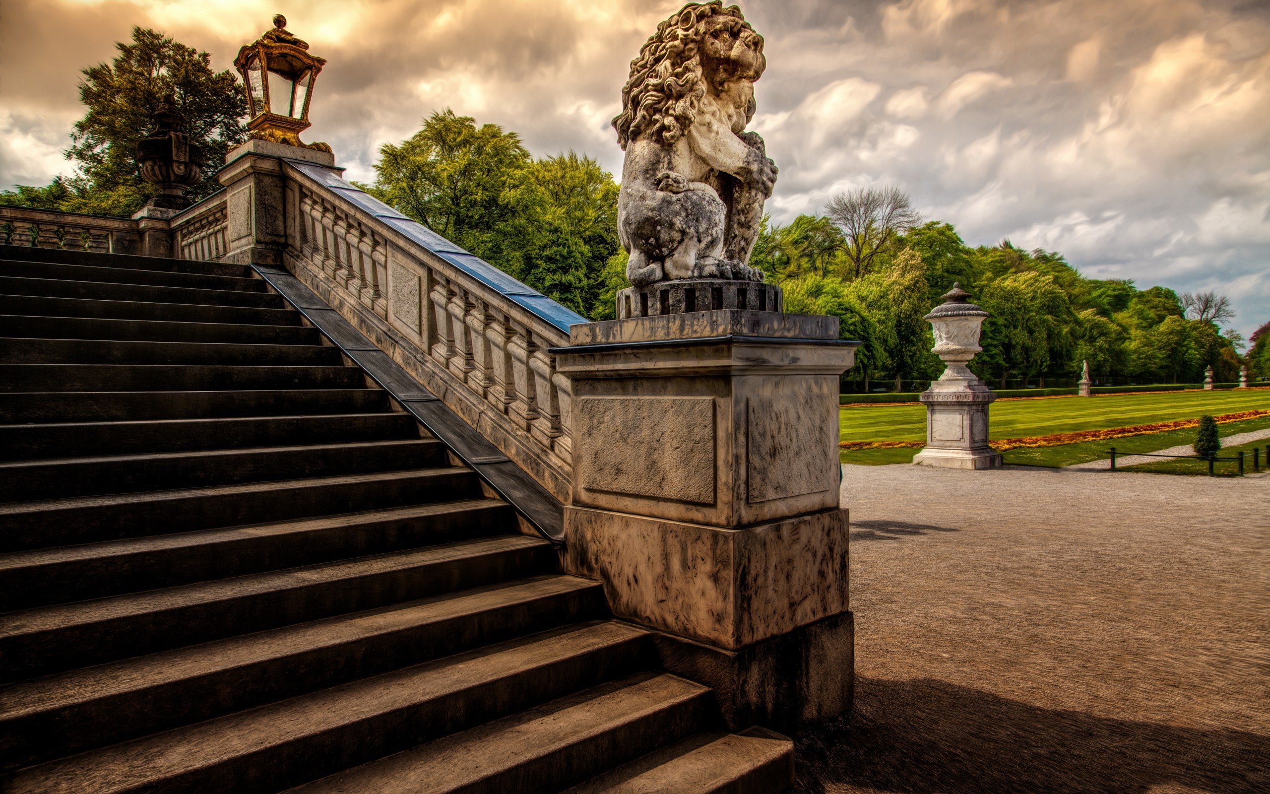 garden, stairs, sculpture, castle, 2K, lion, HD Wallpaper