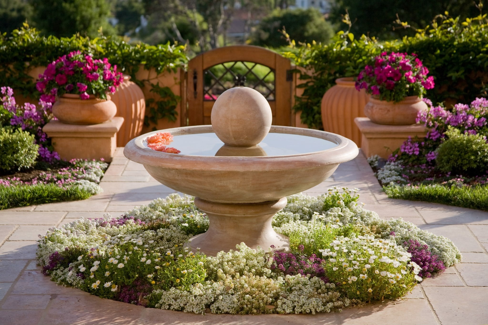 statue, flower Pot, flower, beauty in nature, round, tree, flowers, front or Back Yard, bath, day, summer, outdoors, water, growth, green Color, park, flowering plant, HD Wallpaper