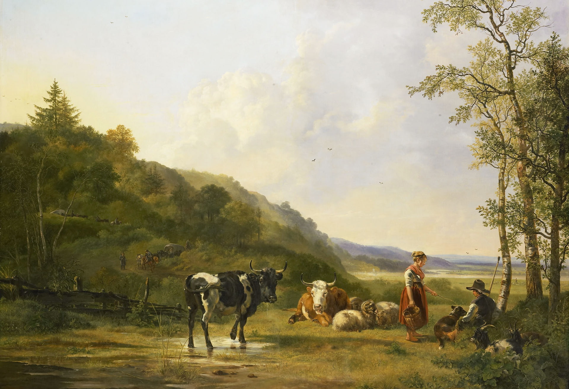 1080P, canvas, Pieter Gerardus van OS, picture, Landscape with Shepherds and Cattle, oil, animals, HD Wallpaper