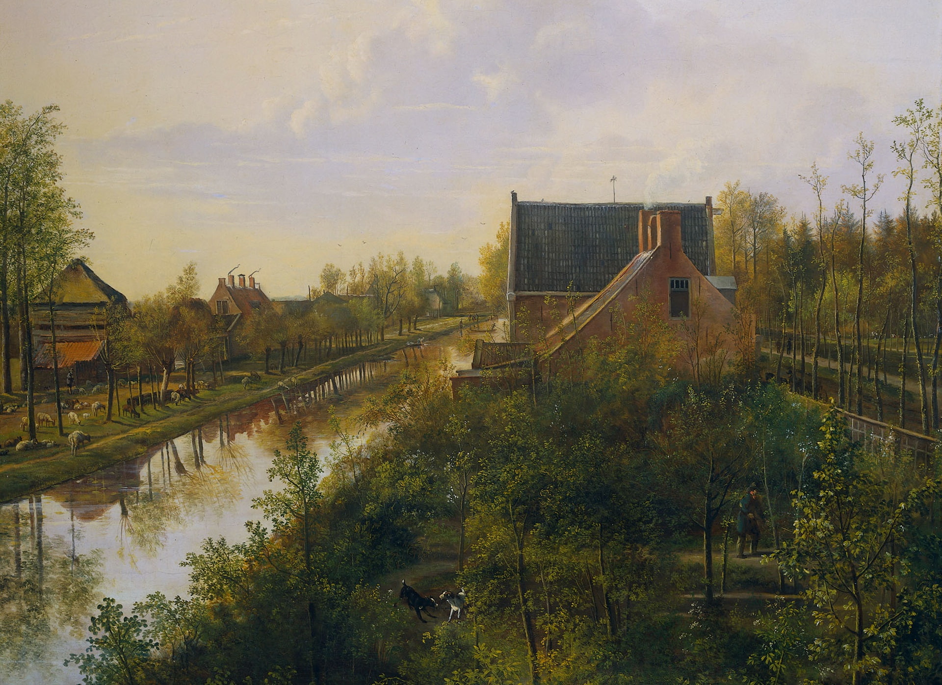 picture, landscape, 1080P, canvas, oil, Channel at the Village, Pieter Gerardus van OS, HD Wallpaper