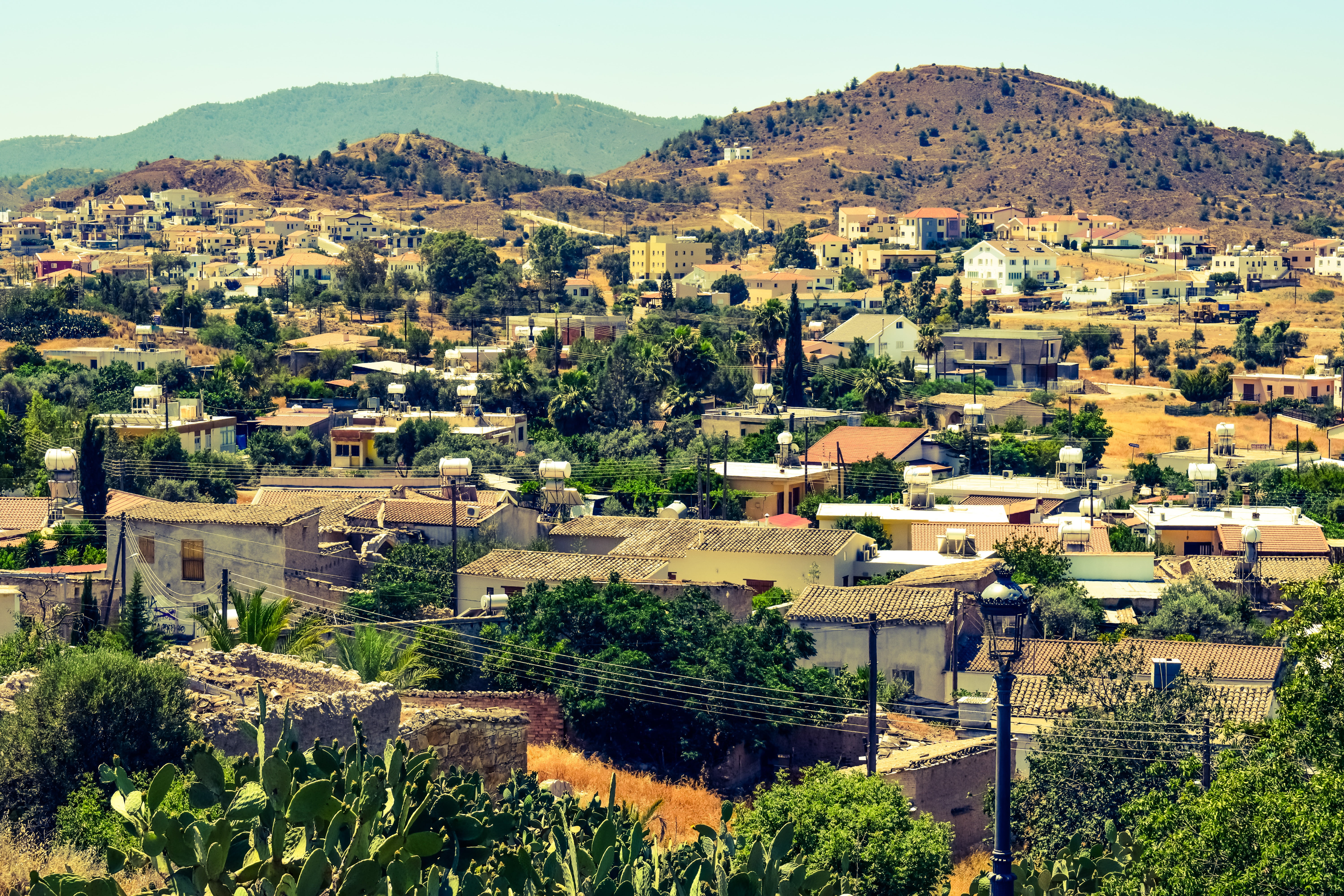 sky, ayia varvara, residential district, house, plant, building, no people, mountain, cyprus, built structure, cityscape, village, scenery, town, view, HD Wallpaper