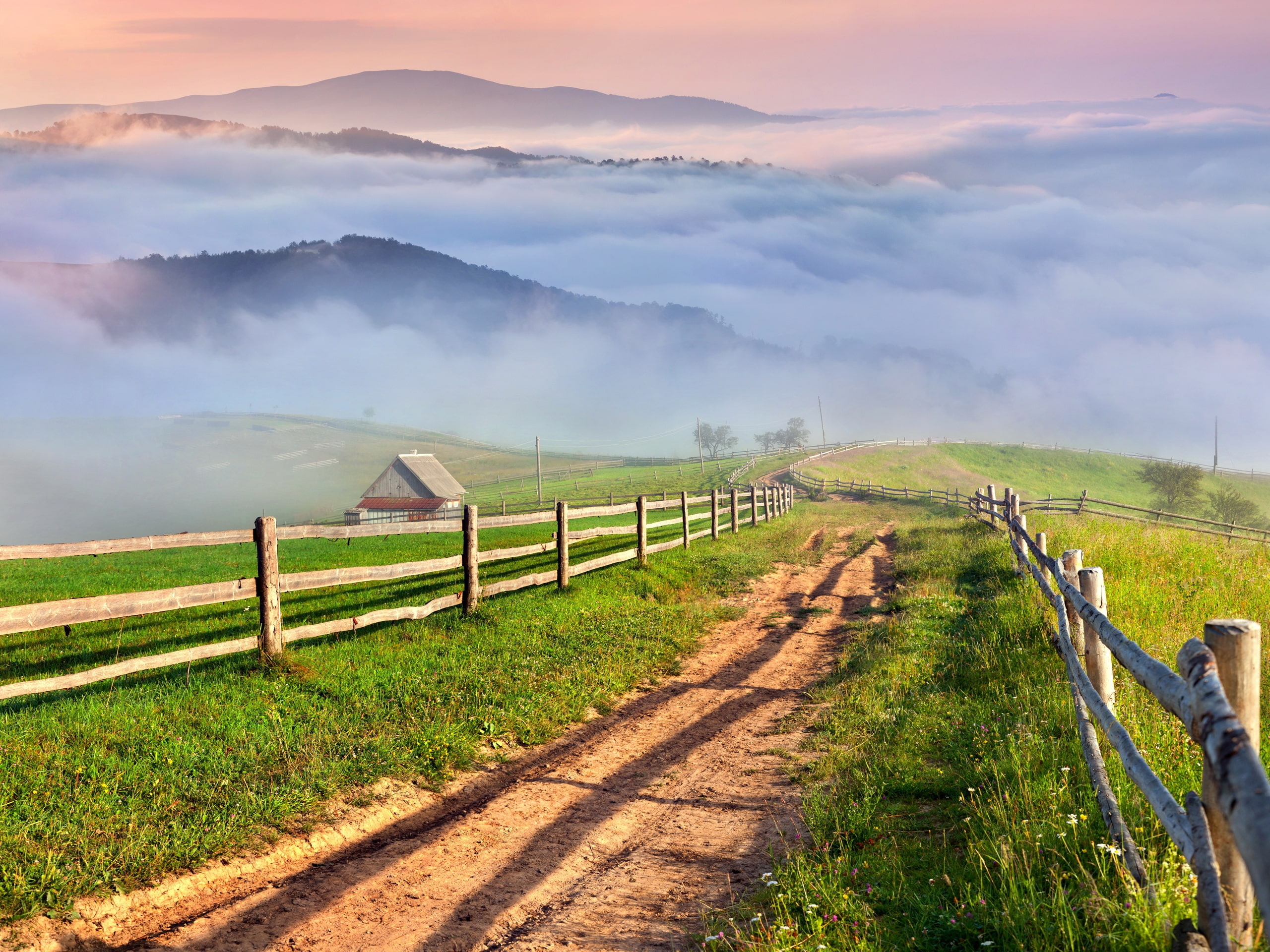 Village, Countryside, Mist, Grass, 2K, brow, Scenery, fence, Nature, wooden, Road, Mountains, HD Wallpaper