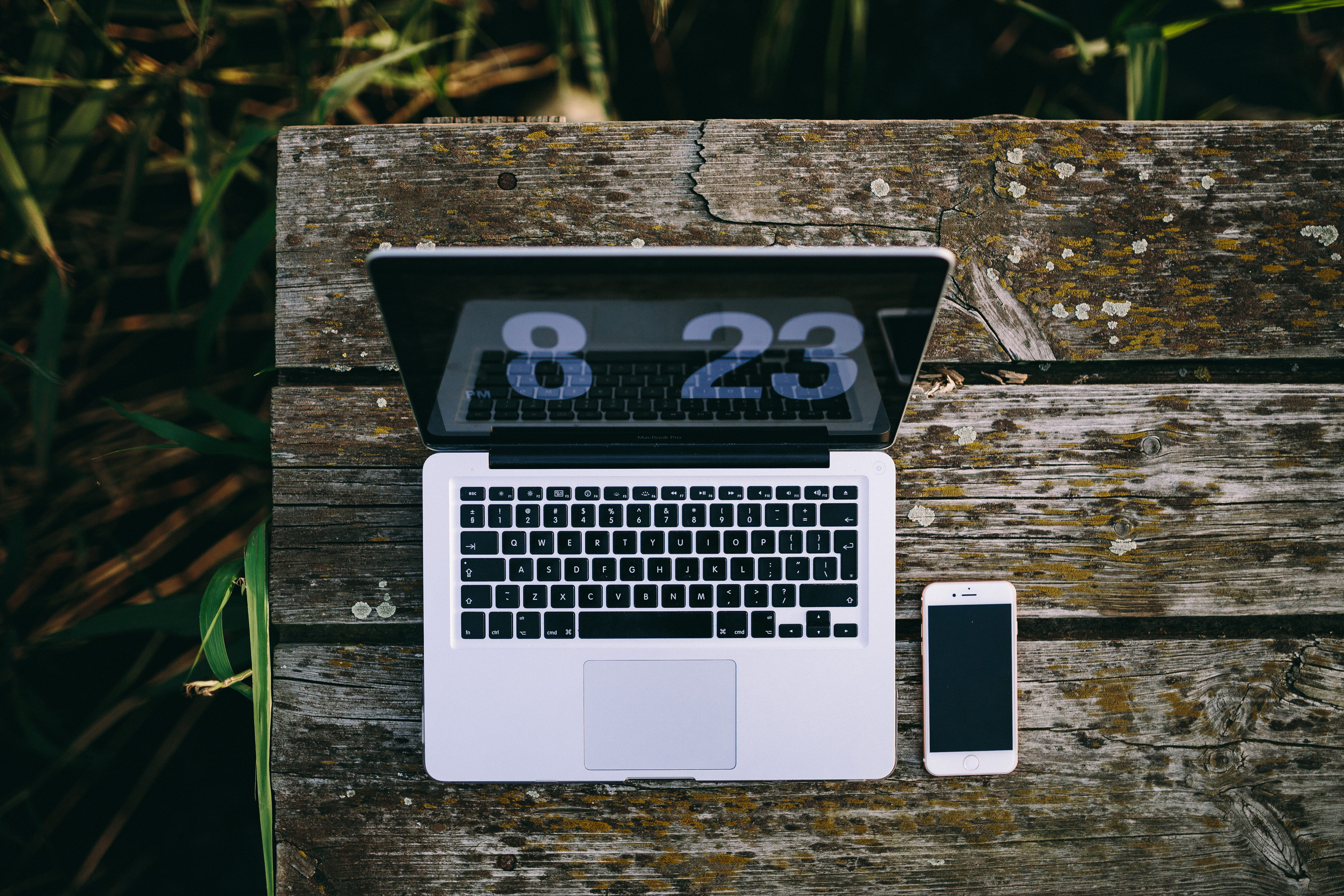 phone, 5K, smart phone, lake, computer, workspace, laptop, day, communication, lakeevening, western script, wood - material, workplace, internet, technology, HD Wallpaper