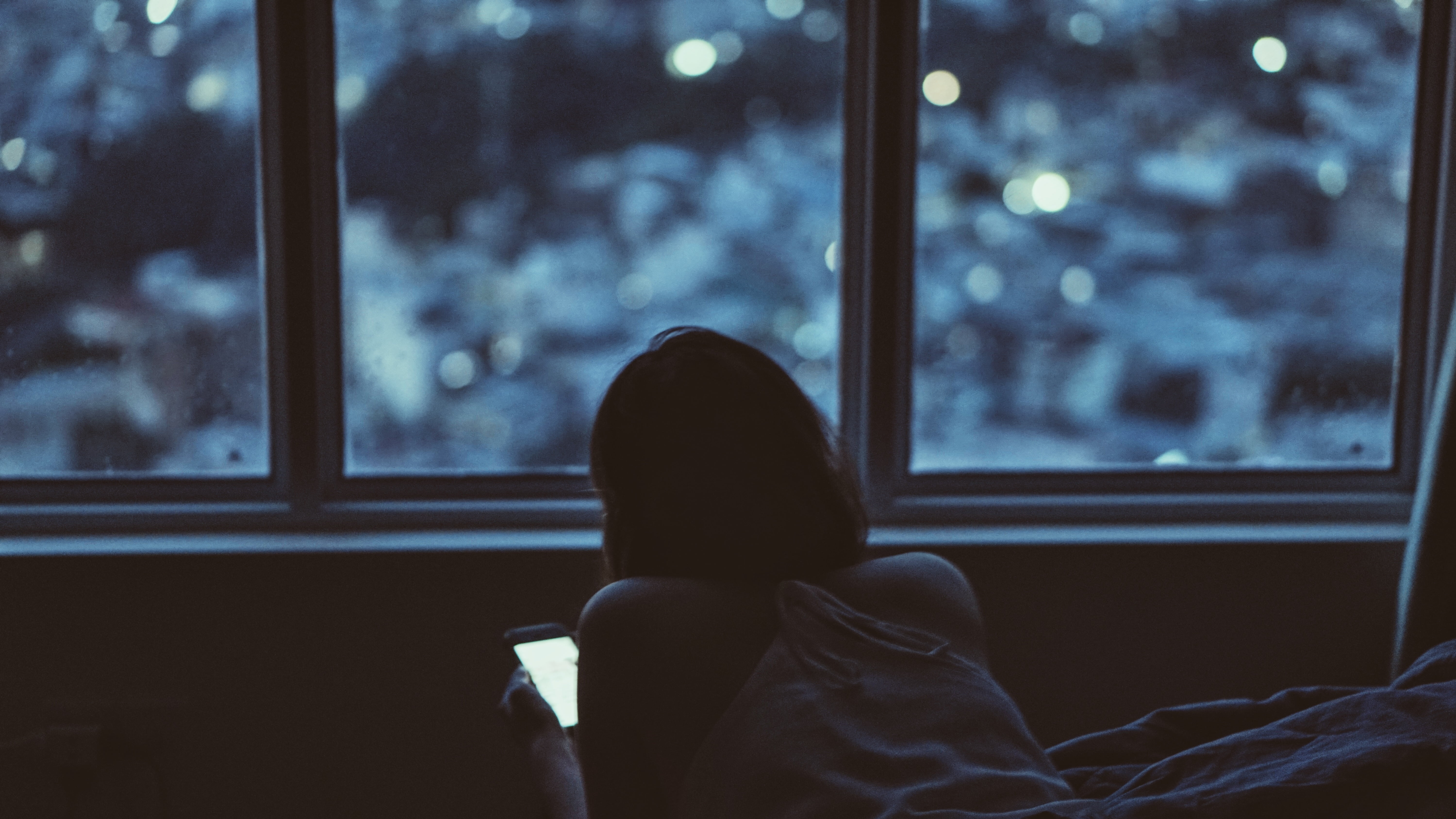 young Adult, focus on foreground, real people, home Interior, evening, s, indoors, sadness, gray, top, leisure activity, women, females, one Person, relaxation, HD Wallpaper