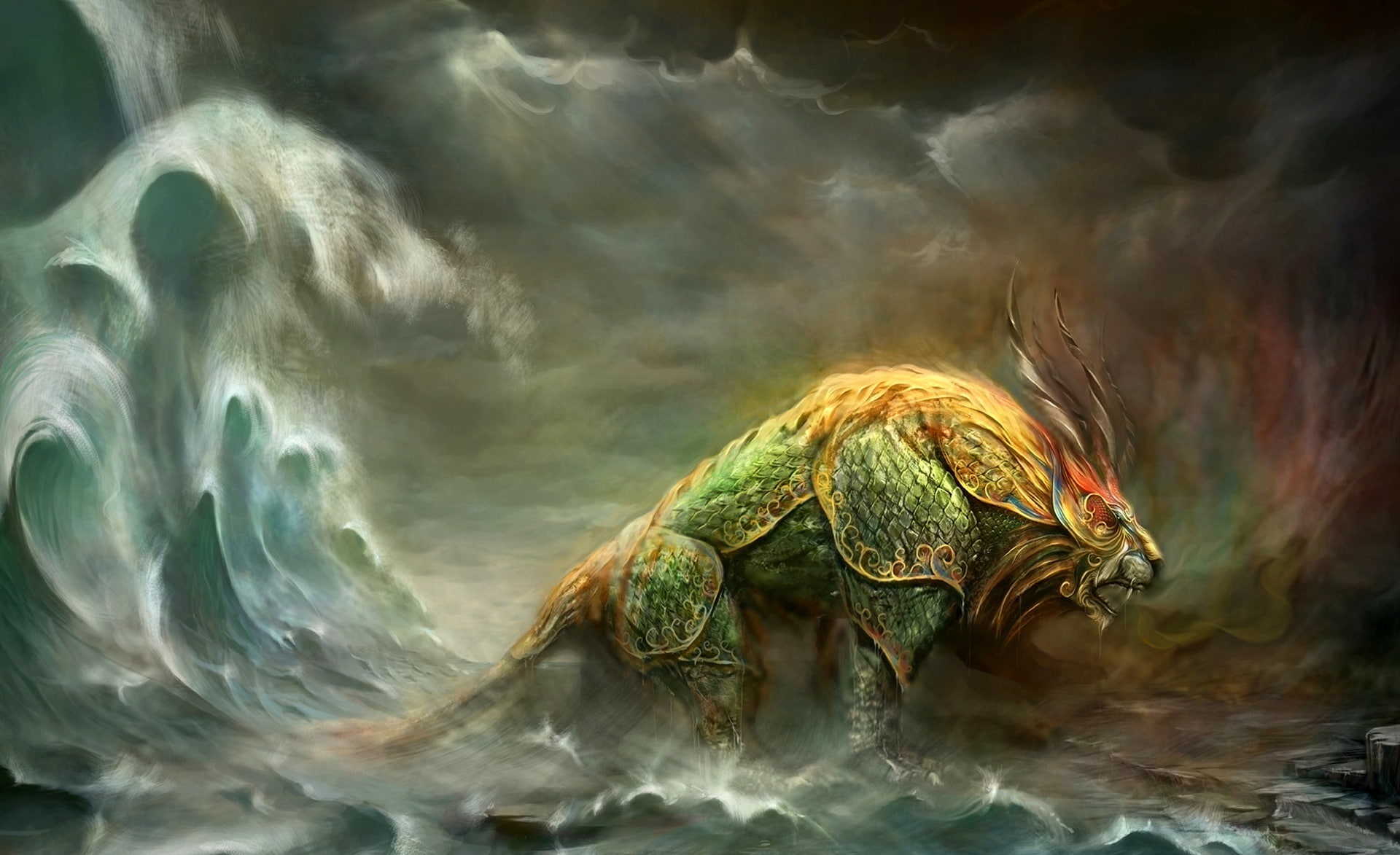 gorgeous painting, wars, anger, nian guild wars, vertebrate, motion, blue, horror, animals in the wild, brown, guild wars art, 1080P, one animal, nature, HD Wallpaper