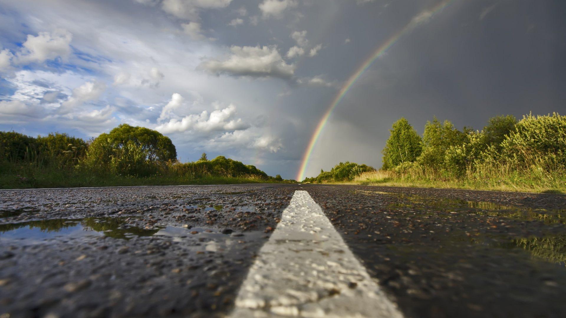 colorful, rainbow, street, 3d and abstract, clouds, 1080P, rain, photography, beauty, road, nature, HD Wallpaper