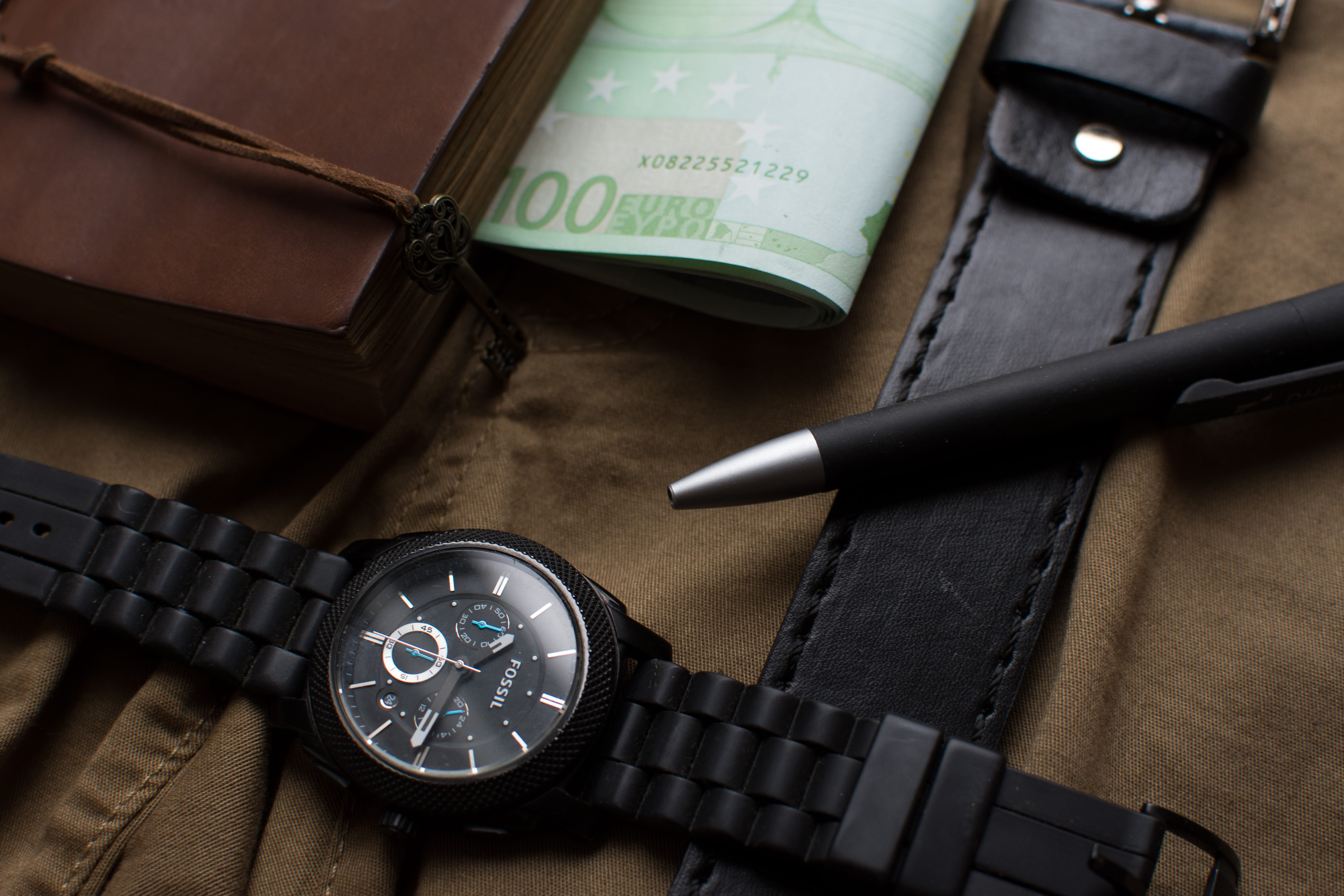 western script, book, text, close-up, round, group of objects, table, euro, banknote, belt, number, safety, technology, pen, chronograph, high angle view, HD Wallpaper