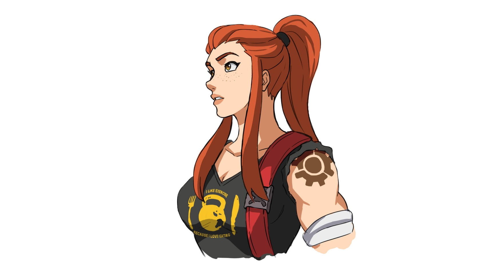 eyes, Video Games, brown, 1706x960 px, px, art, Ponytail, simple background, hair, bac, 720P, long hair, long, x, tattoo, Brigitte (Overwatch), redhead, HD Wallpaper