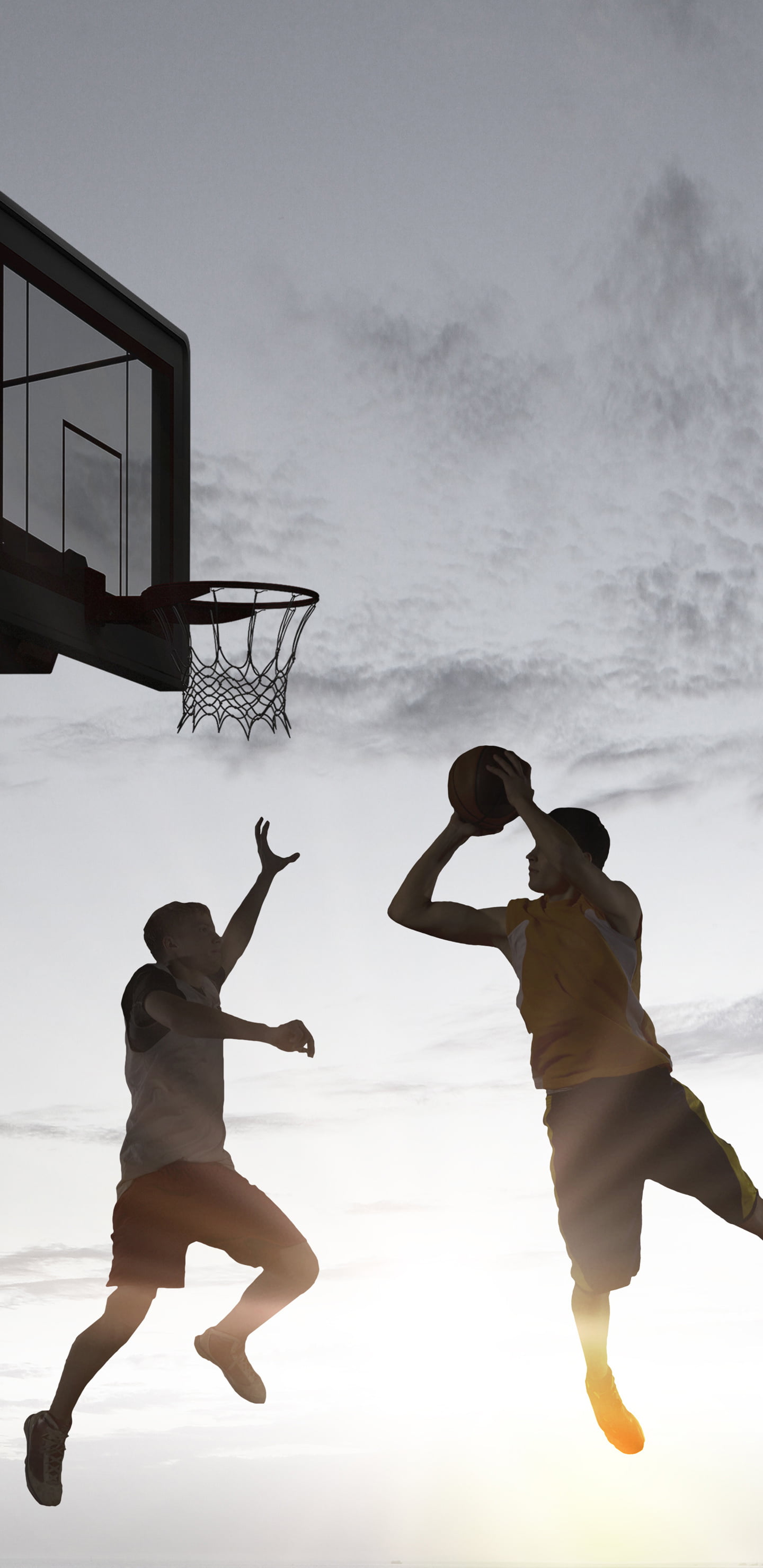 two people, sky, togetherness, silhouette, playing, males, adult, full length, human arm, basketball - ball, basketball - sport, players, sport , human limb, Phone HD Wallpaper