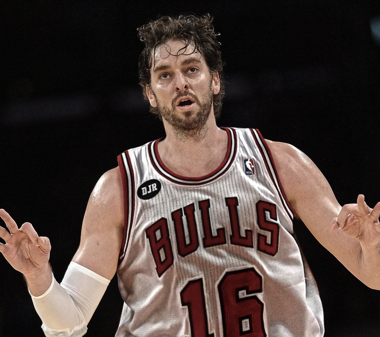 Pau Gasol, night, basketball uniform, looking at camera, determination, waist up, adult, front view, portrait, young adult, one person, sportsman, black background, HD Wallpaper