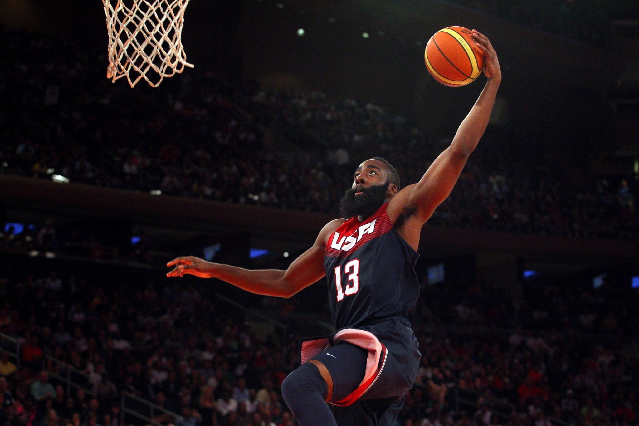 basketball - ball, jumping, effort, james harden hd widescreen  for desktop, 1080P, skill, adult, spectator, sportsman, mid-air, one person, basketball player, HD Wallpaper
