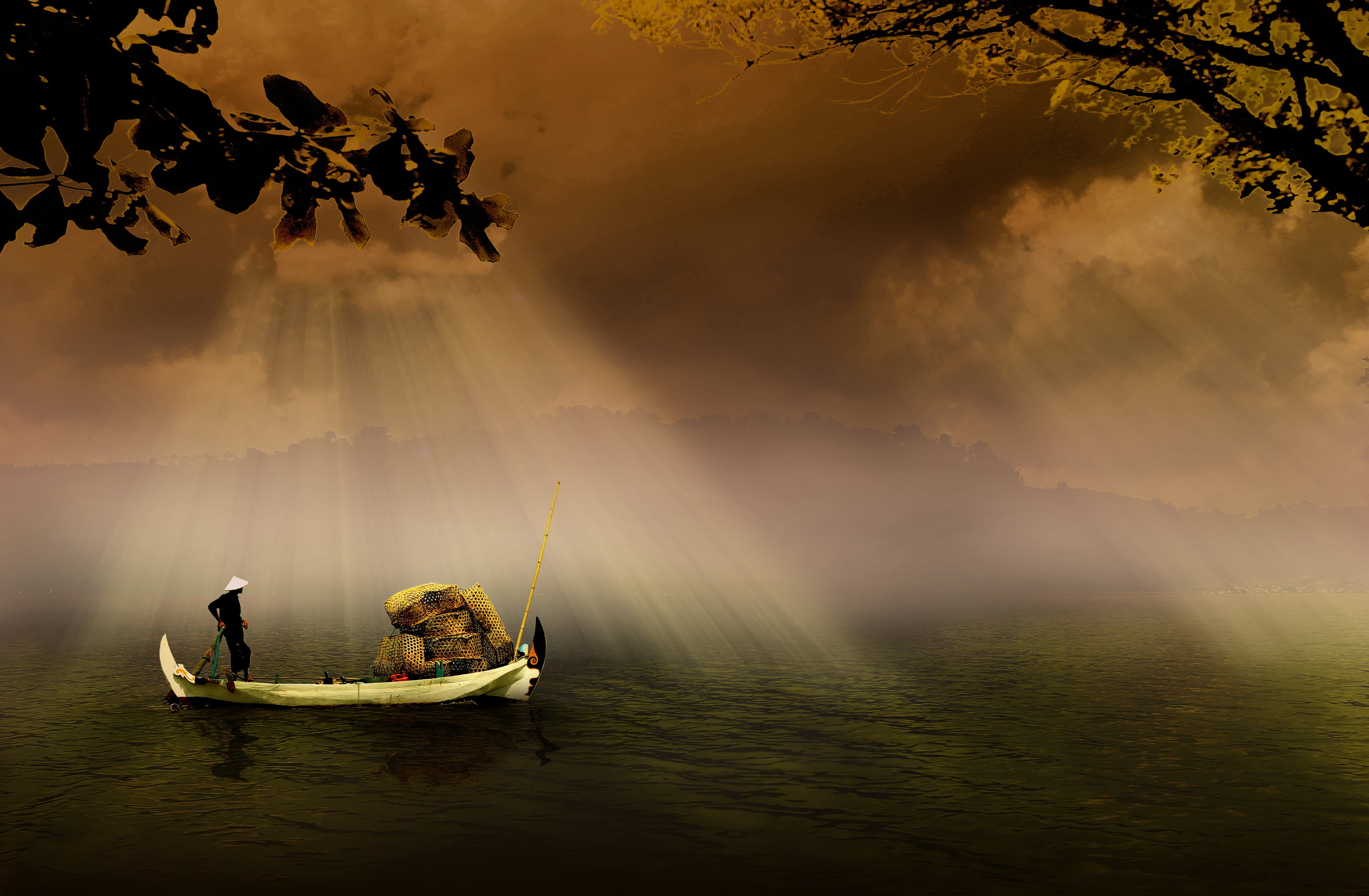 traveling, misty, clouds, outdoors, boat, lake, dawn, fisherman, two people, river, man, cloudy, nature, rowboat, tree branches, occupation, mode of transportation, HD Wallpaper