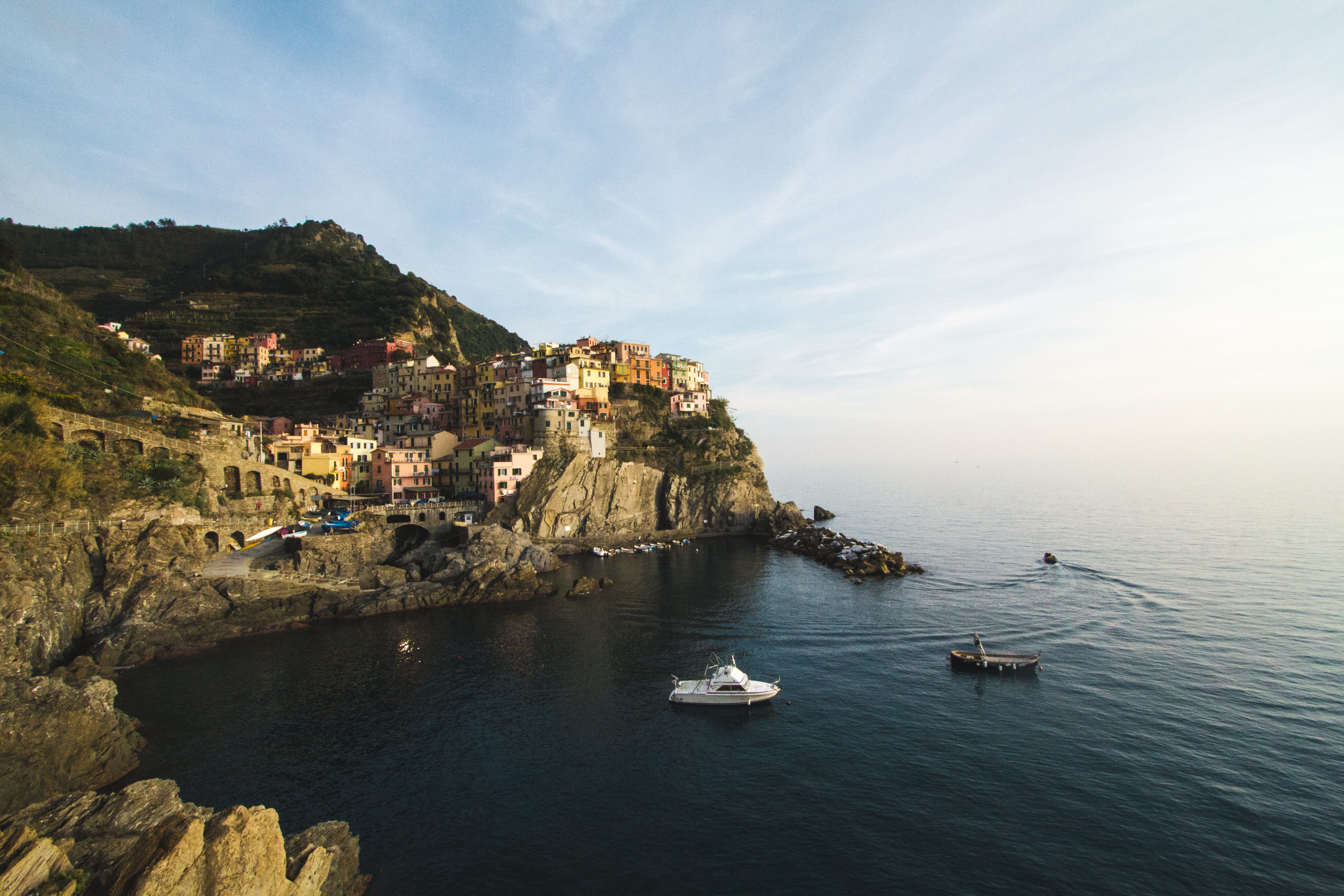 beach, two, mountain, dock, mountains, scenics - nature, cinque terre, near, rock, sea, town, daytime, 5K, water, rock - object, hill, nautical vessel, HD Wallpaper