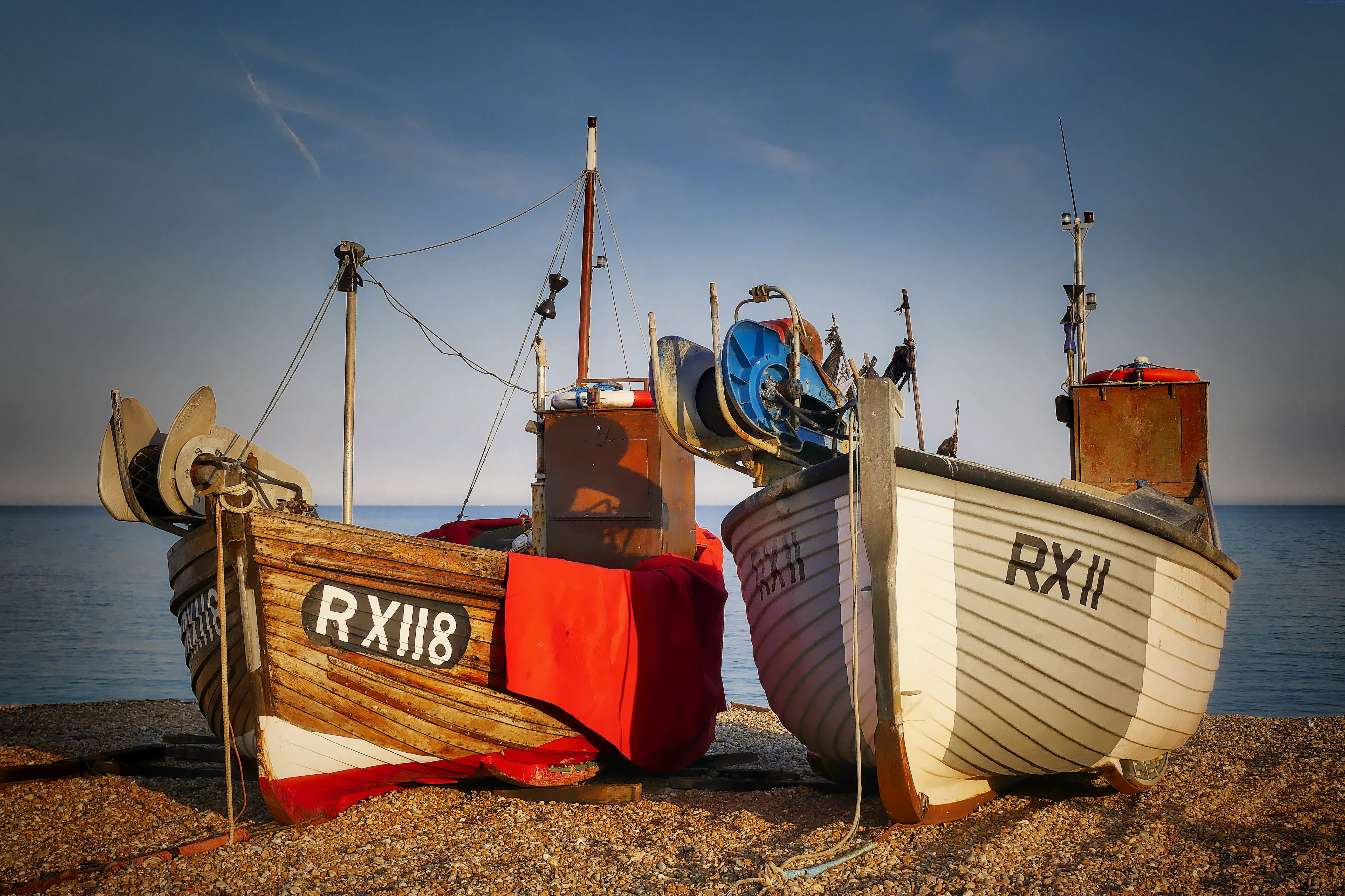 boats, two, fishing boats, fishing, english channel, outdoors, brown, container, fischer, fishing industry, 5K, sand, nature, daytime, communication, land, HD Wallpaper