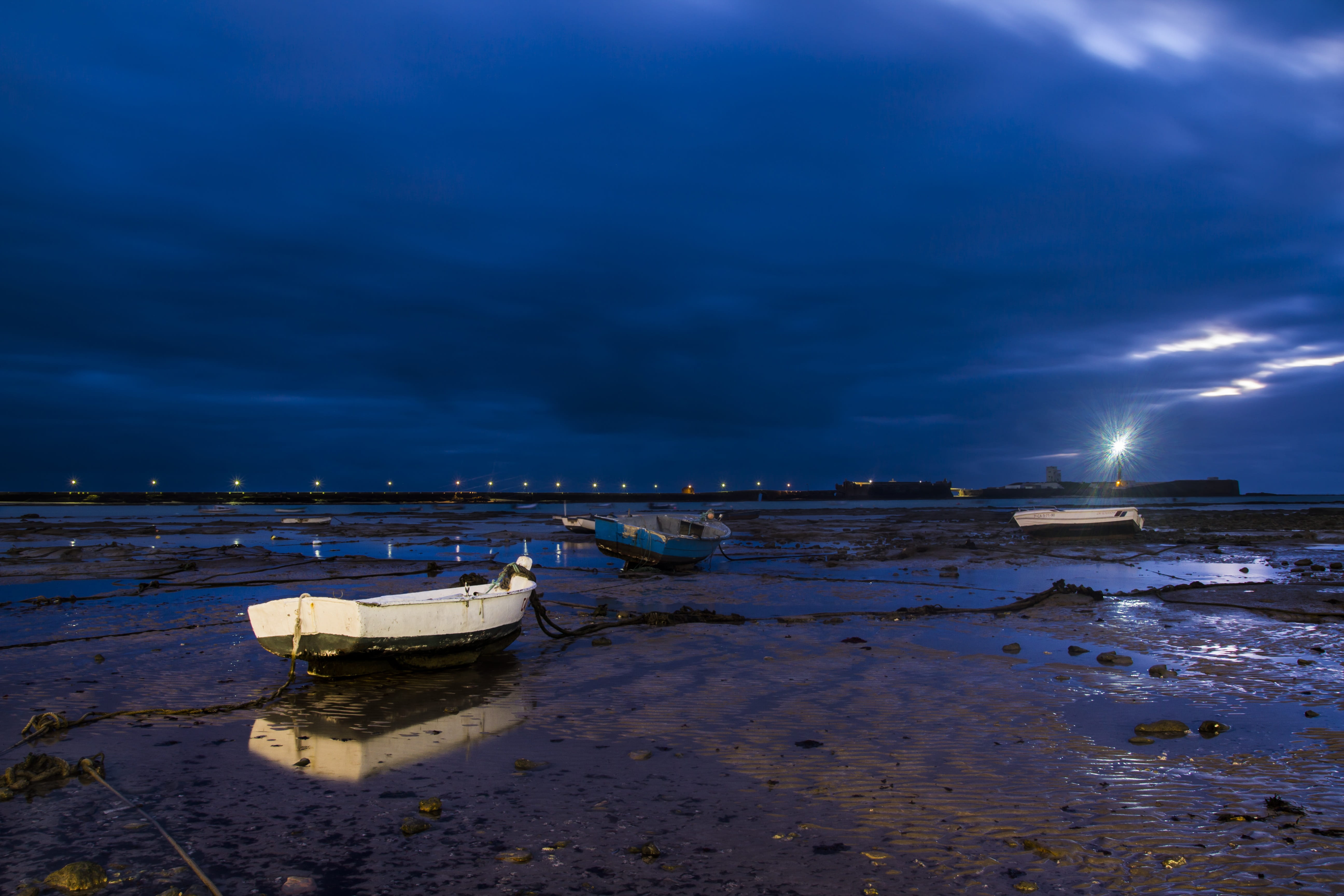 sky, tranquility, water, beauty in nature, cloud - sky, barca, bridge, outdoors, 5K, moored, tide, Cadiz, reflection, nature, Night, transportation, no people, HD Wallpaper