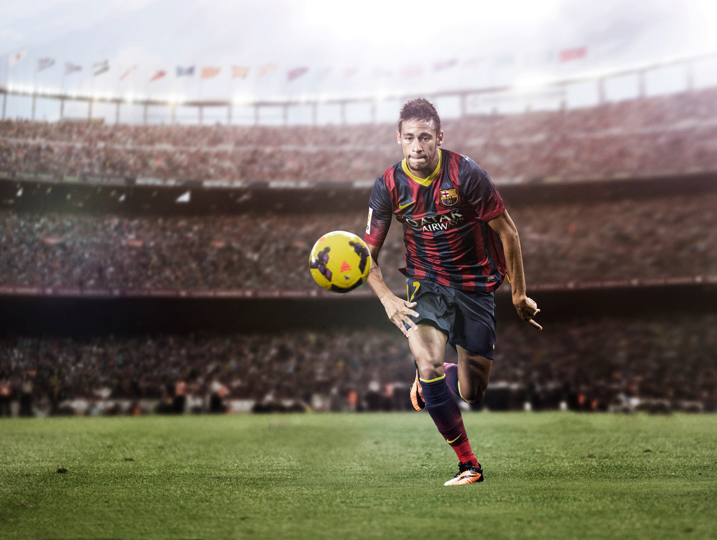 one person, effort, outdoors, sports clothing, soccer ball, motion, grass, front view, skill, soccer player, Neymar, 1080P, athlete, team sport, stadium, HD Wallpaper
