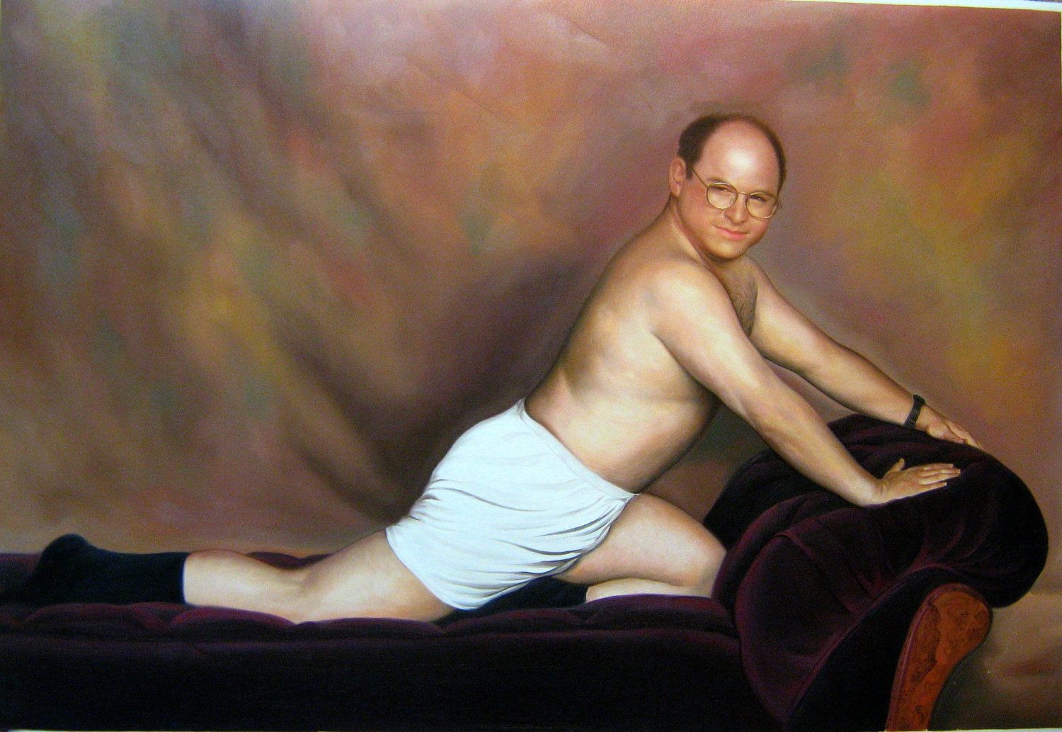 furniture, bed, humor, artwork, people, casual clothing, leisure activity, semi-dress, indoors, emotion, George Costanza, shirtless, sitting, chest, adult, HD Wallpaper