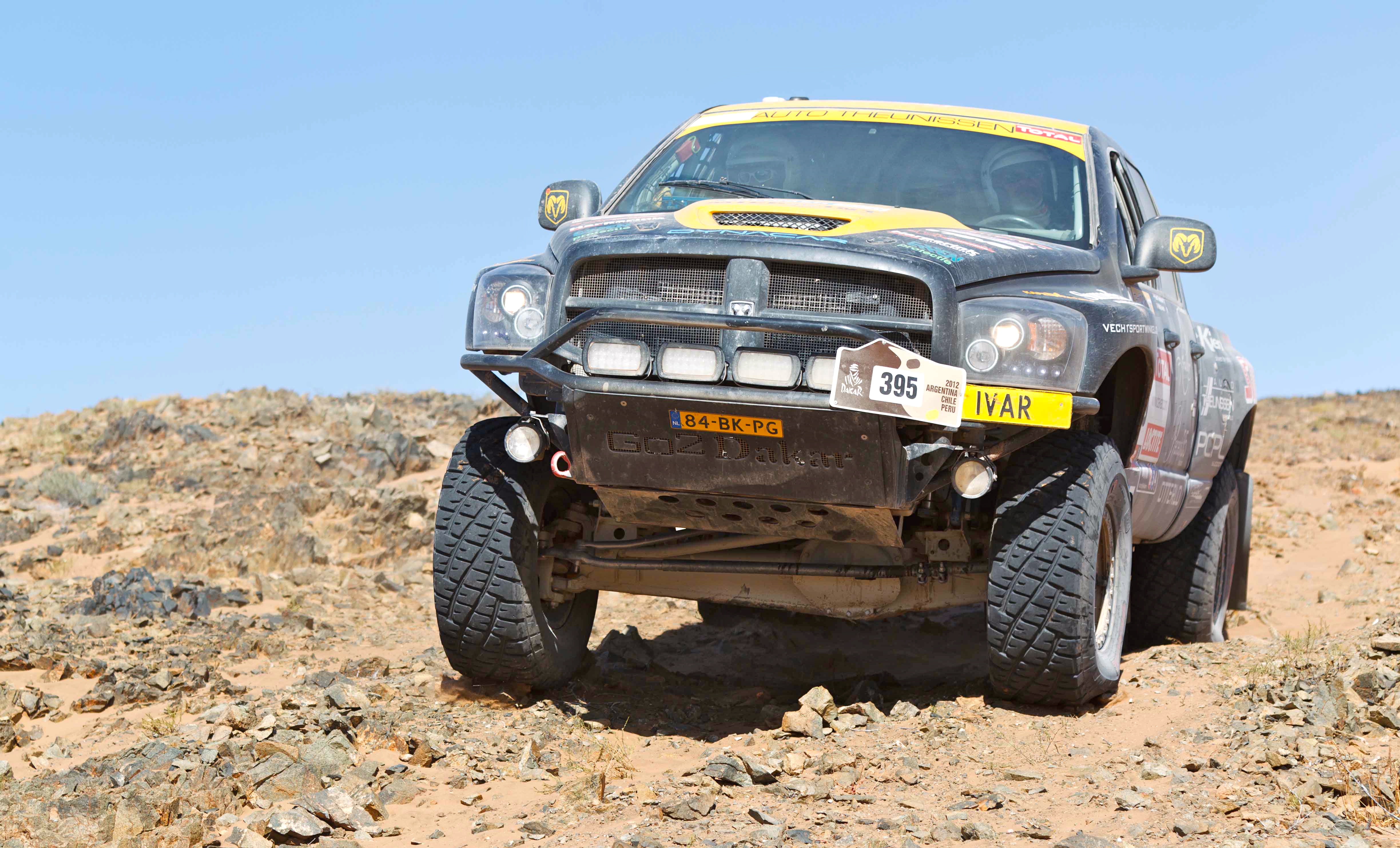 Dodge Ram, Race, clear sky, Desert, off-road vehicle, motor vehicle, car, land, sunny, yellow, land vehicle, black, Jeep, wheel, Auto, sky, dirt, metal, HD Wallpaper