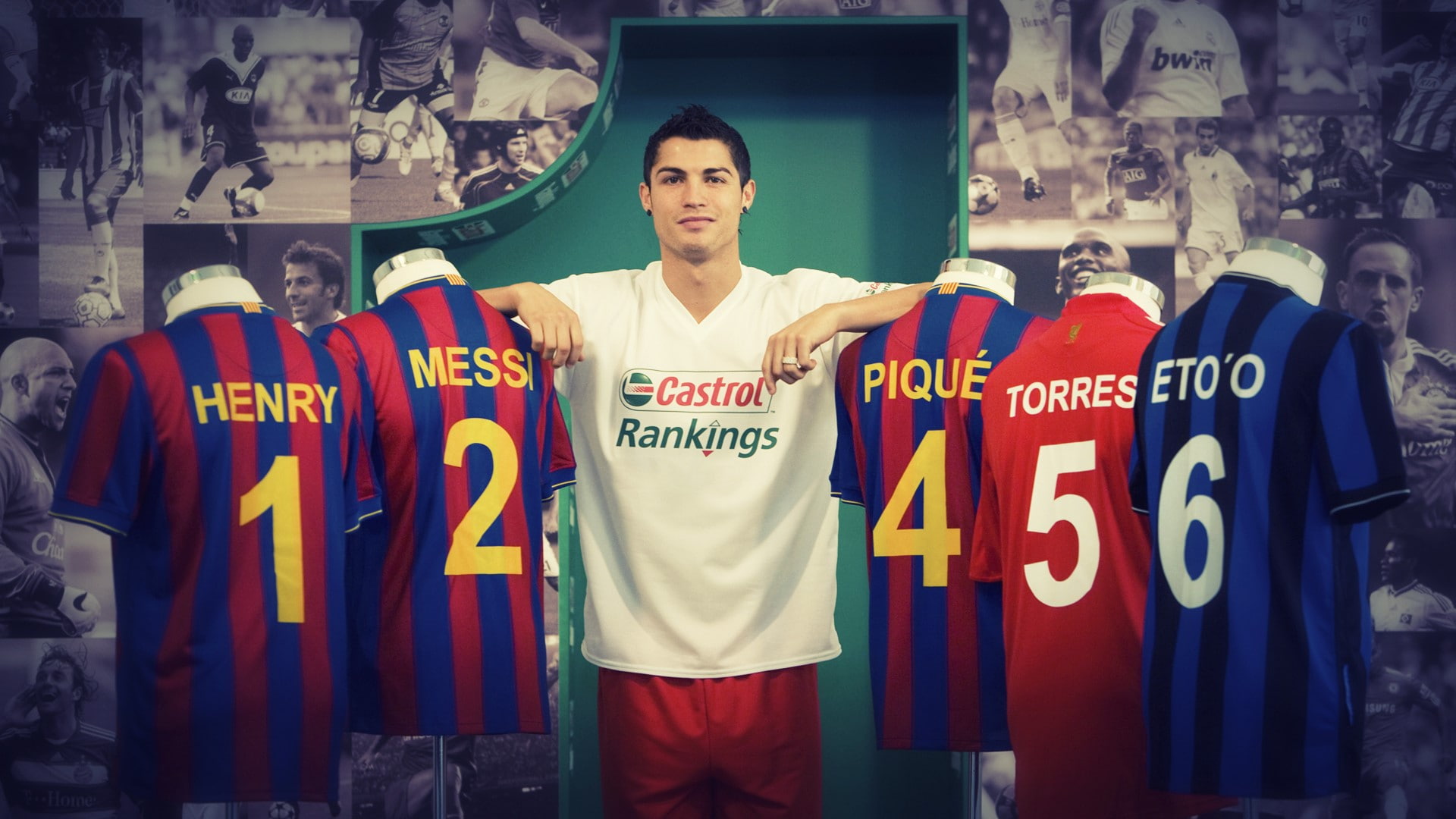 adult, real people, text, Henry, communication, Castrol, clothing, front view, people, Pique, choice, male likeness, Torres, Ronaldo messi, standing, looking at camera, HD Wallpaper