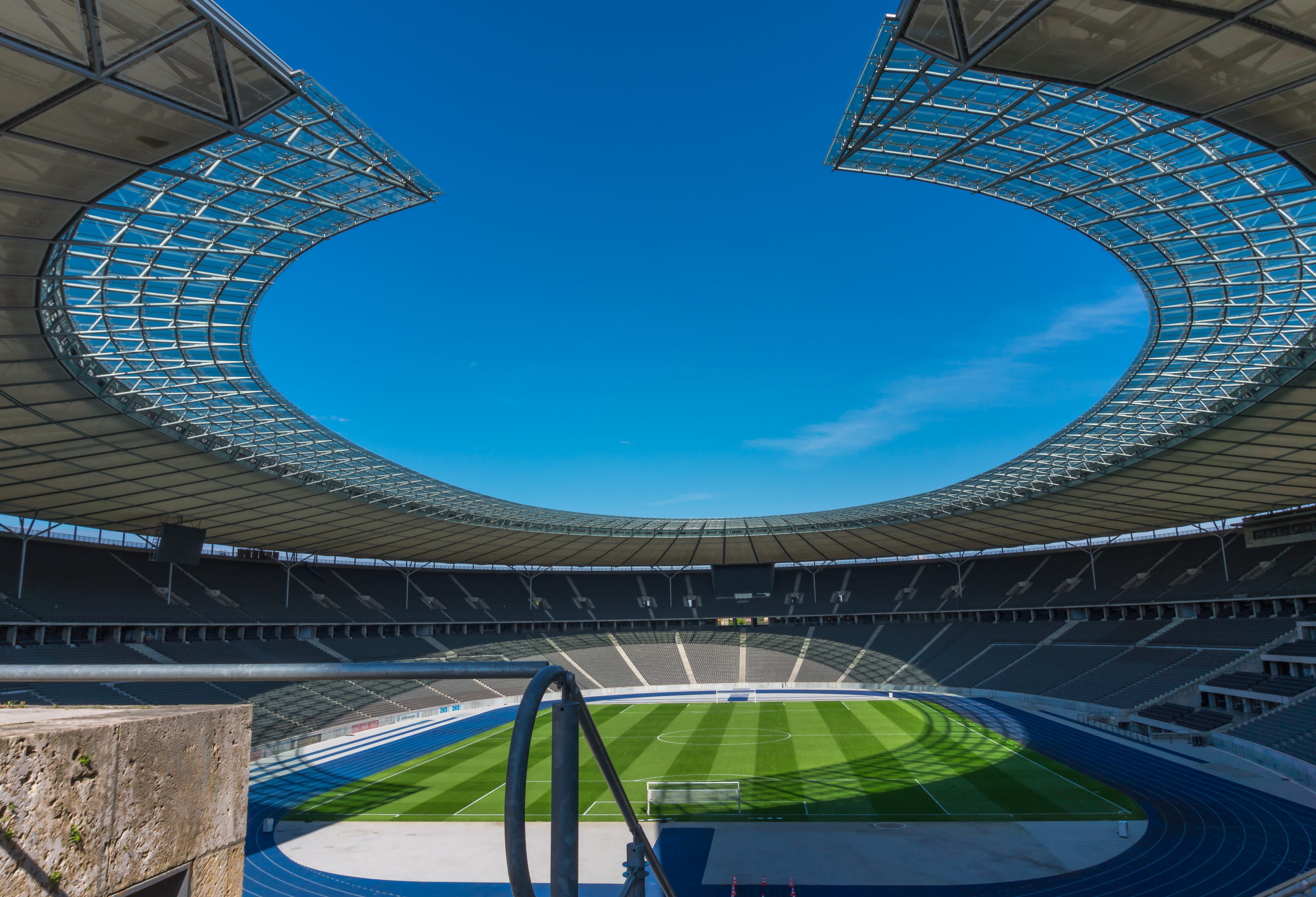 empty, fussballstadtion, no people, day, berlin olympic stadium, outdoors, built structure, pattern, building exterior, travel destinations, 5K, directly below, HD Wallpaper