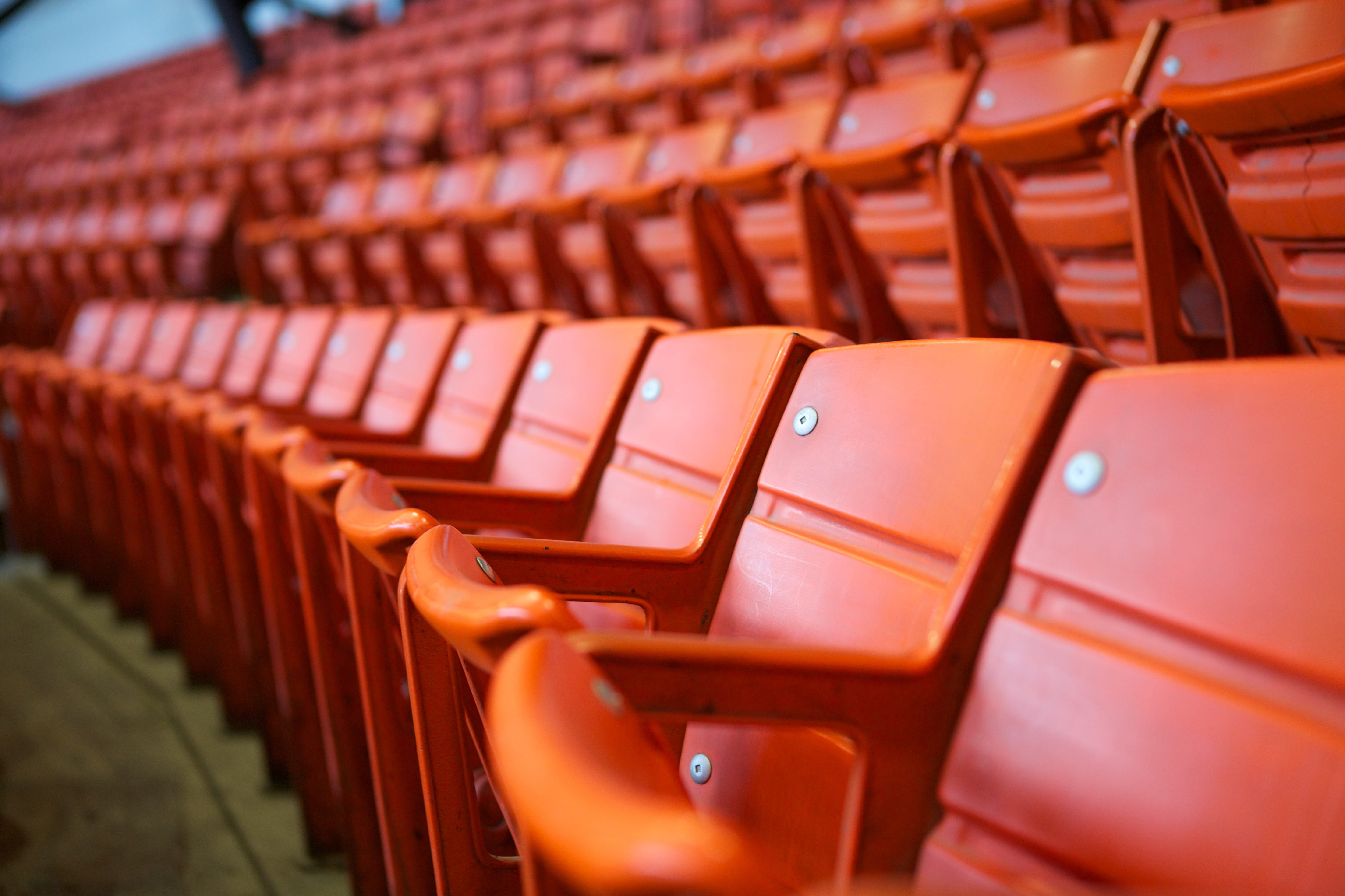day, no people, empty, in a row, seats, chair, repetition, bleachers, absence, seating, grandstand, side by side, orange, selective focus, arts culture and entertainment, HD Wallpaper