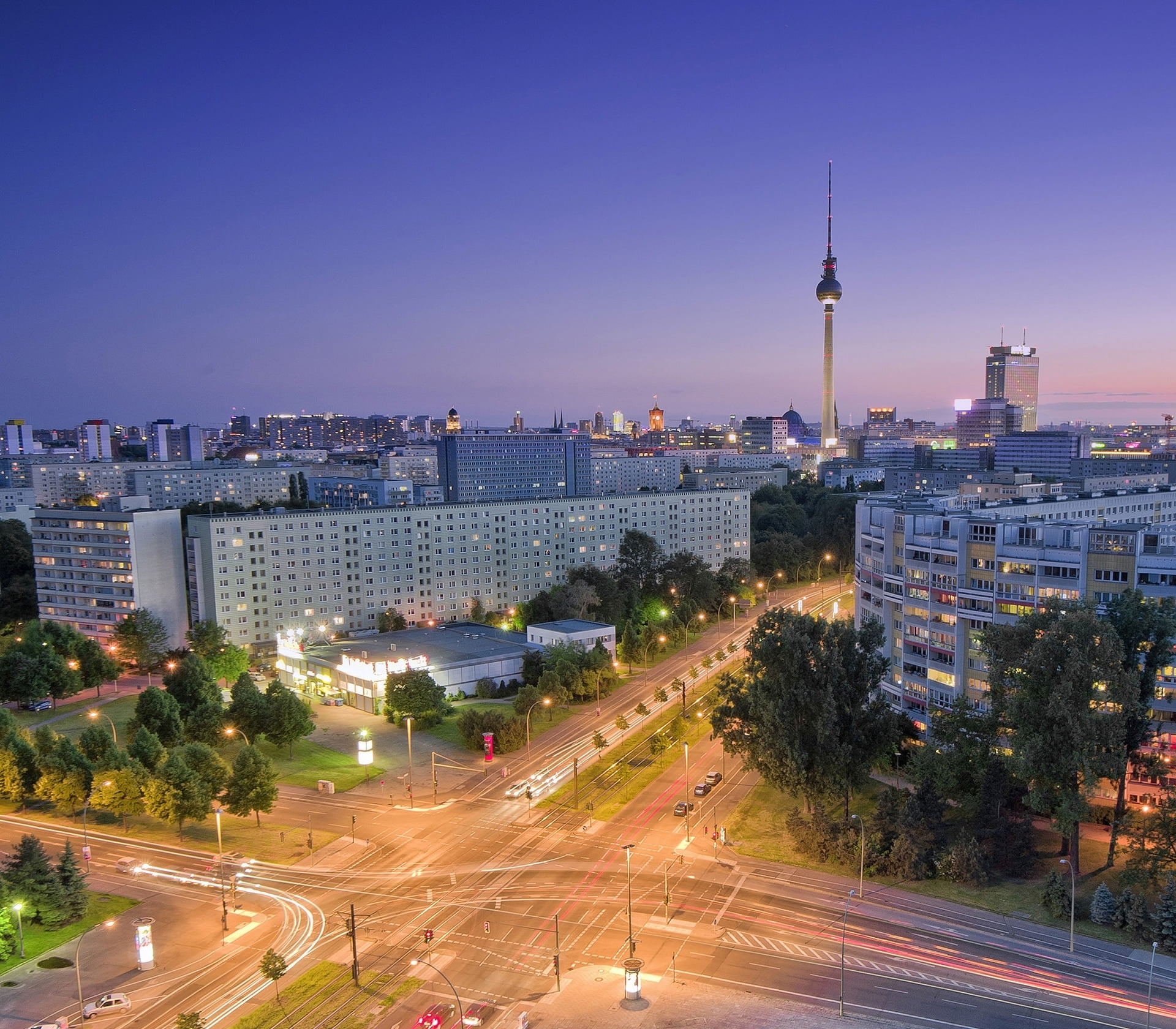 city, panoramic, rise, berlin, sunset, cityscape, 1080P, light trail, urban Scene, twilight, city Life, travel destinations, architecture, high, business, HD Wallpaper