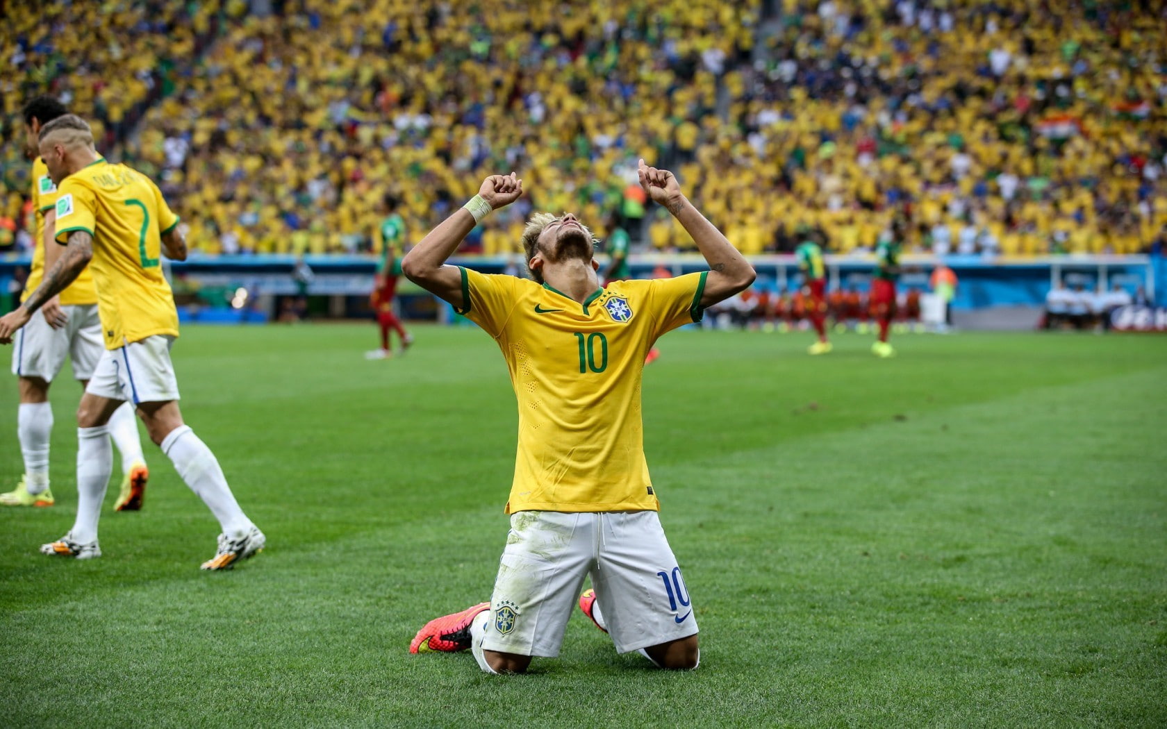human limb, soccer player, Fifa, team sport, sport, limb, Brazil, stadium, group of people, grass, incidental people, sports equipment, positive emotion, HD Wallpaper