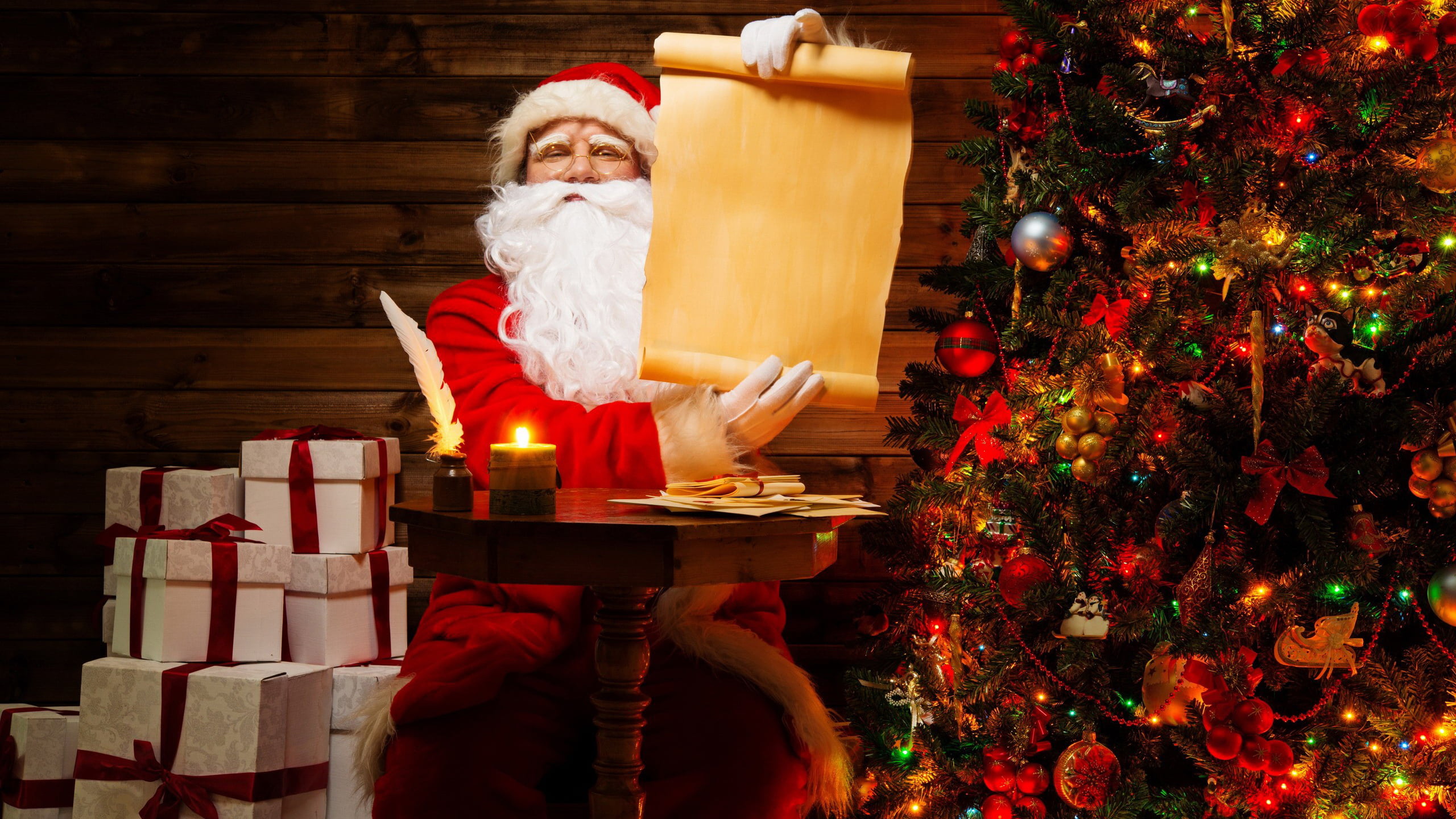 santa, 2K, celebration, holiday - event, gift, letter, pen, christmas tree, burning, paper, Santa Claus, christmas ornament, candle, decoration, table, HD Wallpaper
